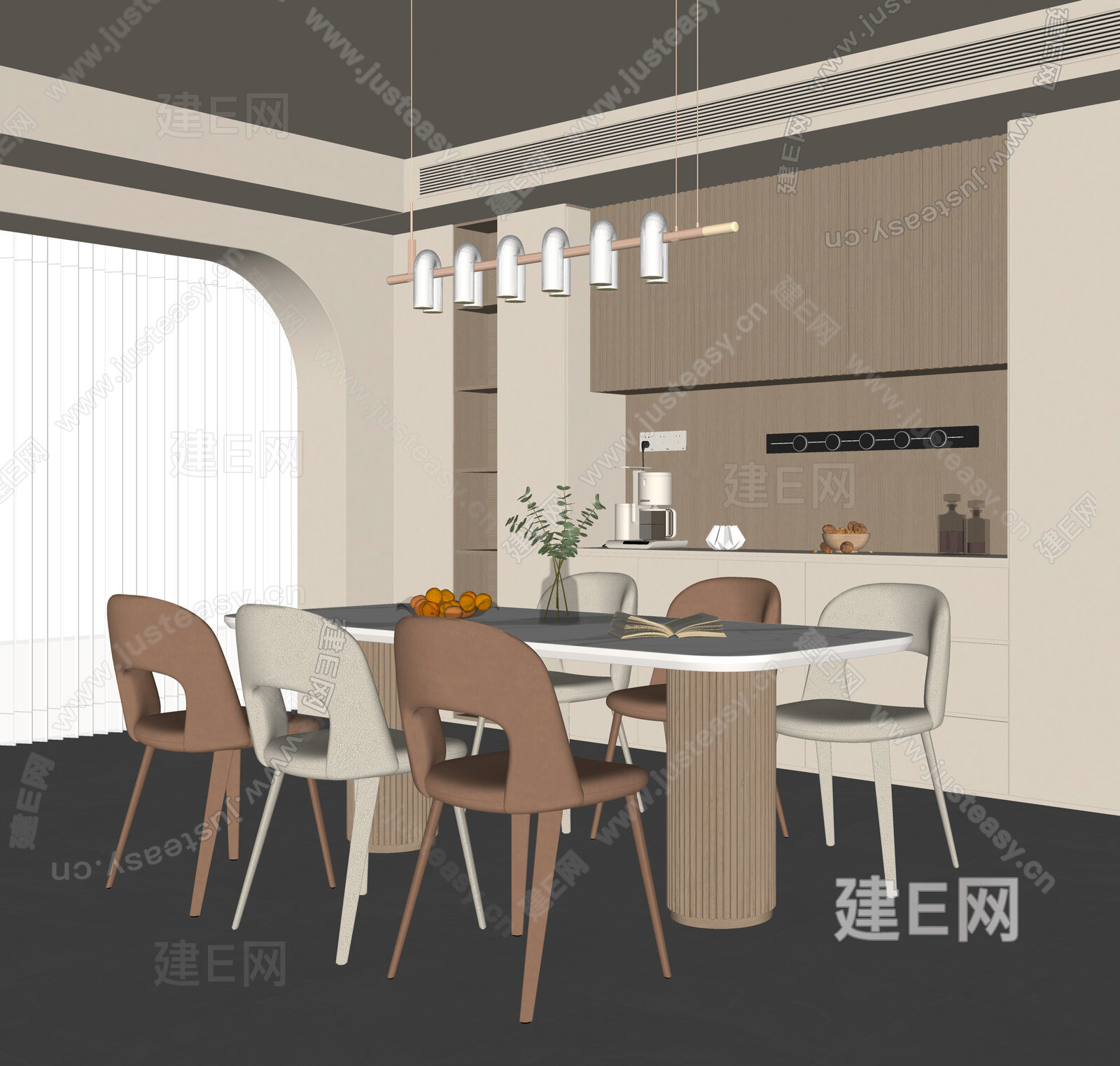 现代奶油风餐厅模型SU模型下载[ID:101538279]_建e网su模型