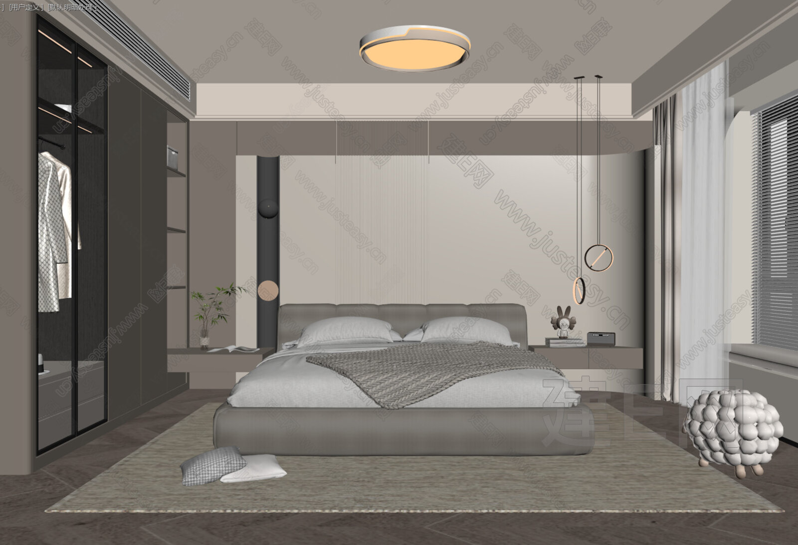 现代奶油风家居卧室模型SU模型下载[ID:104683969]_建e网su模型