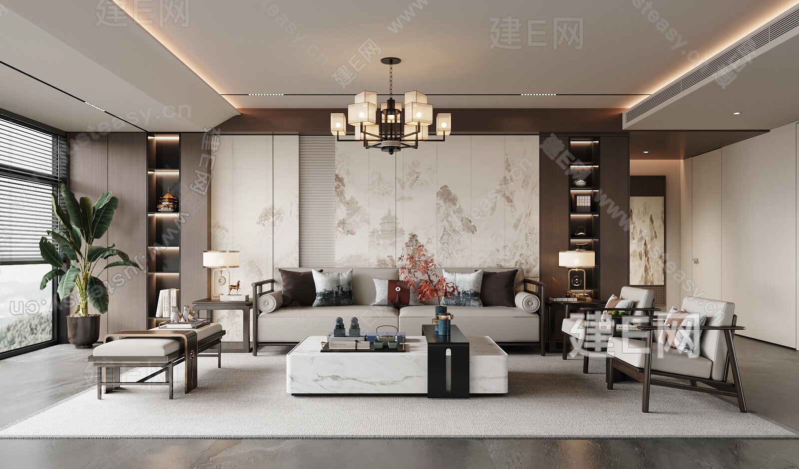 新中式客厅 新中式沙发组合模型SU模型下载[ID:104552923]_建e网su模型
