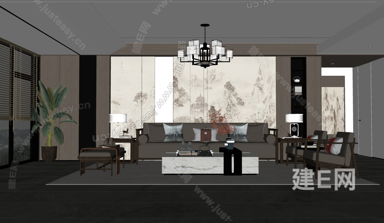 新中式客厅 新中式沙发组合模型SU模型下载[ID:104552923]_建e网su模型