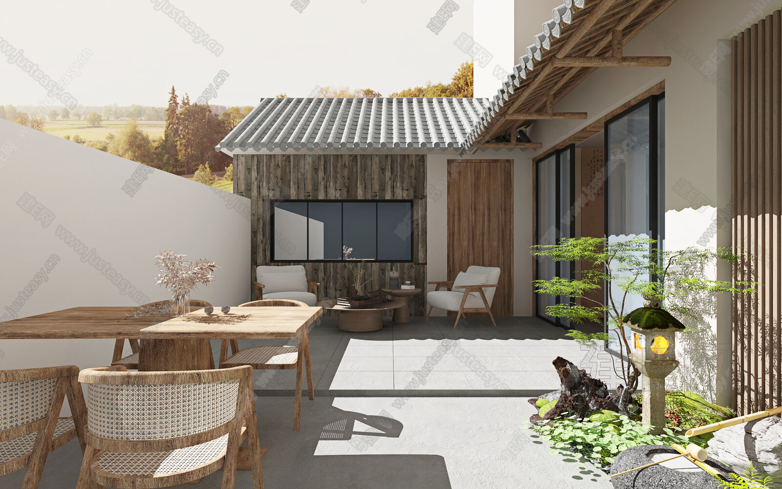 新中式民宿庭院 庭院景观 别墅景观3d模型下载[ID:103965647]_建e网3d模型