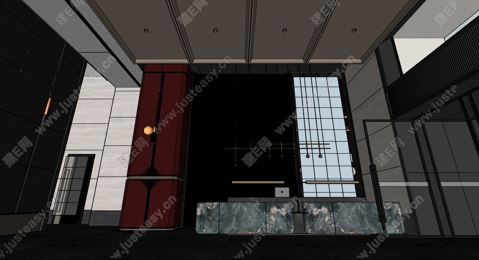 新中式酒店大堂模型SU模型下载[ID:114973018]_建e网su模型