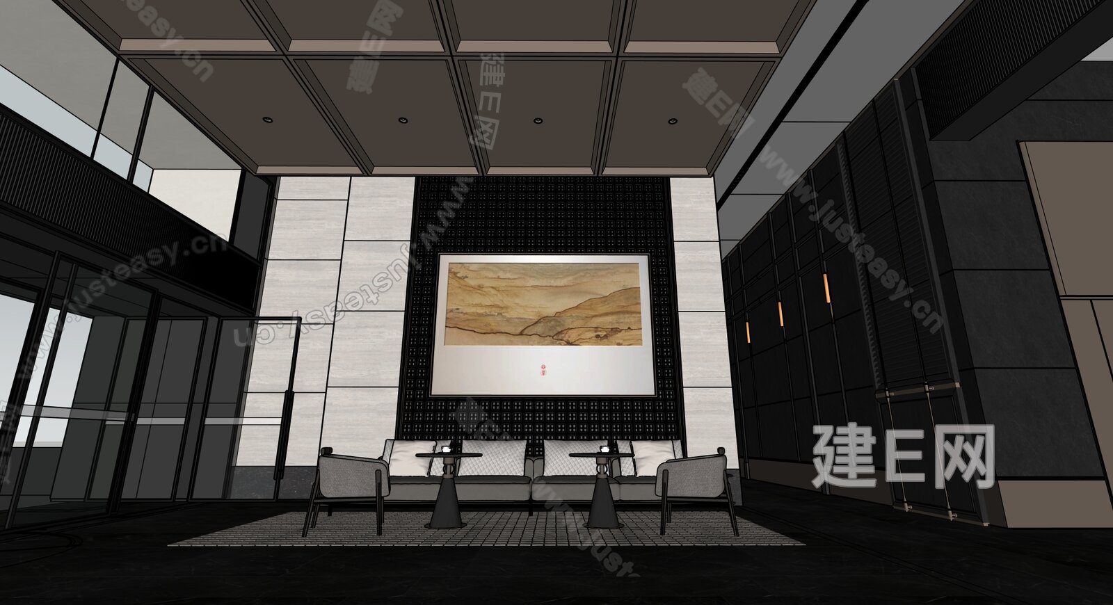 新中式酒店大堂接待区模型SU模型下载[ID:115693964]_建e网su模型