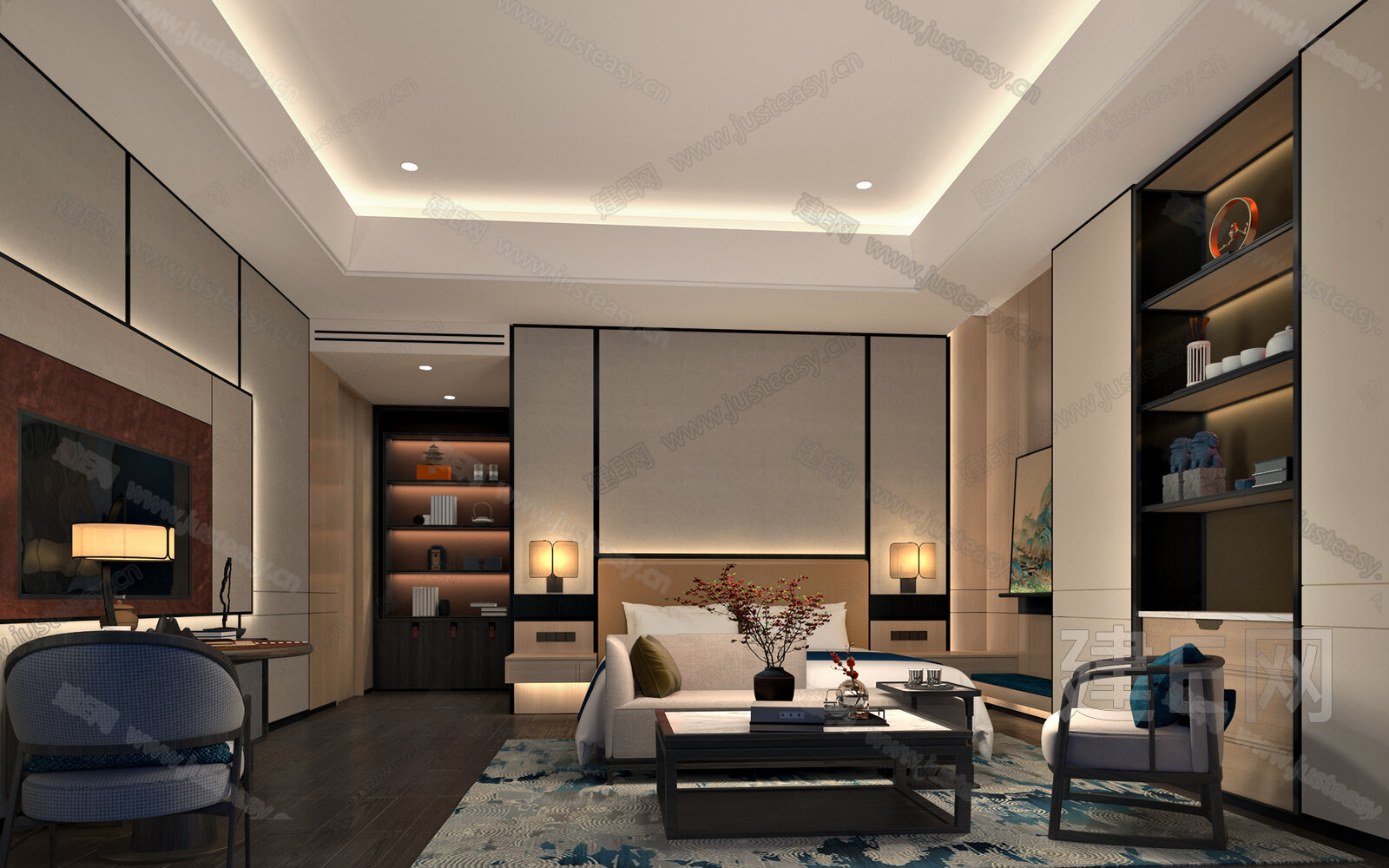 新中式酒店客房3d模型下载[ID:116941605]_建e网3d模型