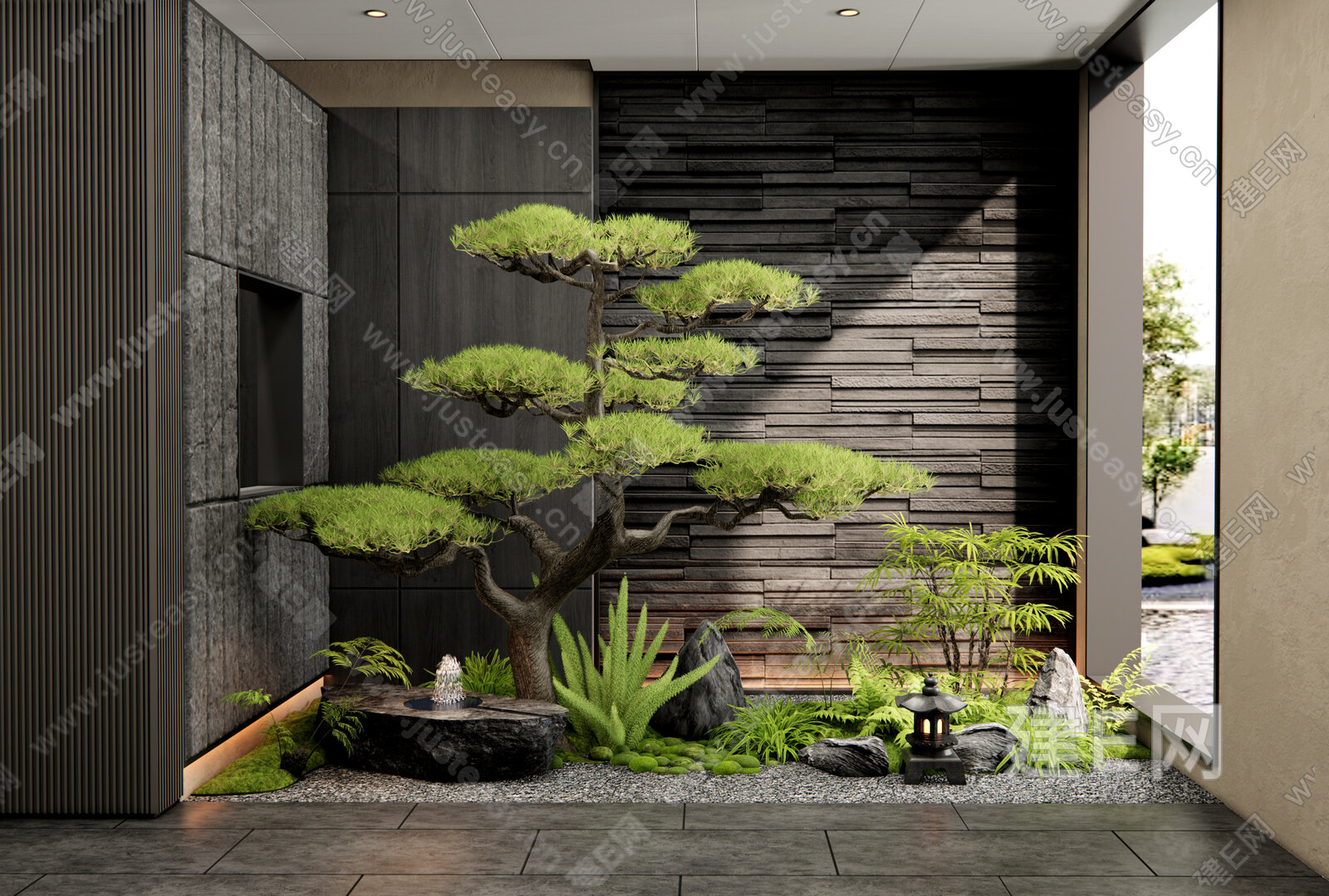 新中式室内景观 植物造景 庭院小品 植物组合 水钵 花草 松树 苔藓 植物堆模型SU模型下载[ID:105076991]_建e网su模型