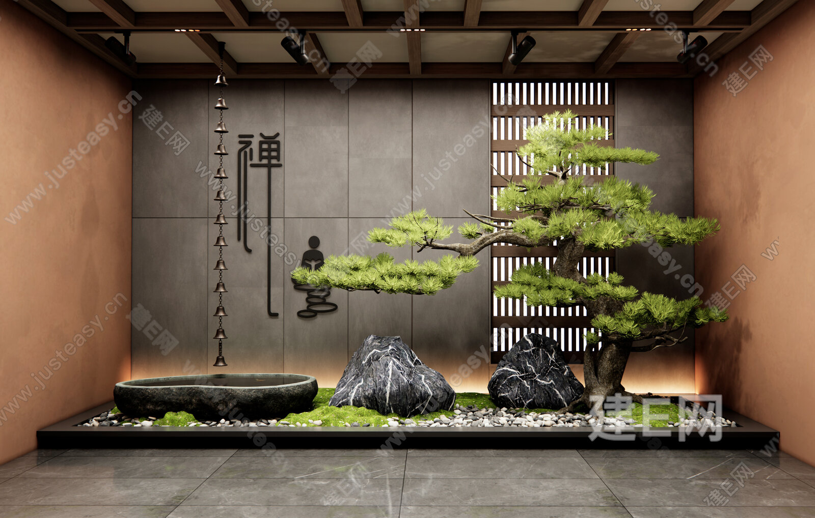新中式室内景观 庭院景观小品 景观石头 水钵 雨链 松树造景 禅意小品 植物造景模型SU模型下载[ID:109008903]_建e网su模型