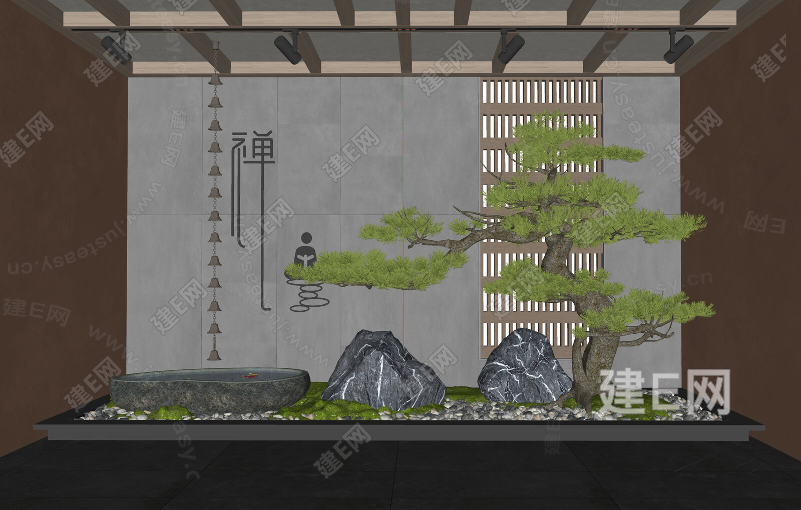 新中式室内景观 庭院景观小品 景观石头 水钵 雨链 松树造景 禅意小品 植物造景模型SU模型下载[ID:109008903]_建e网su模型