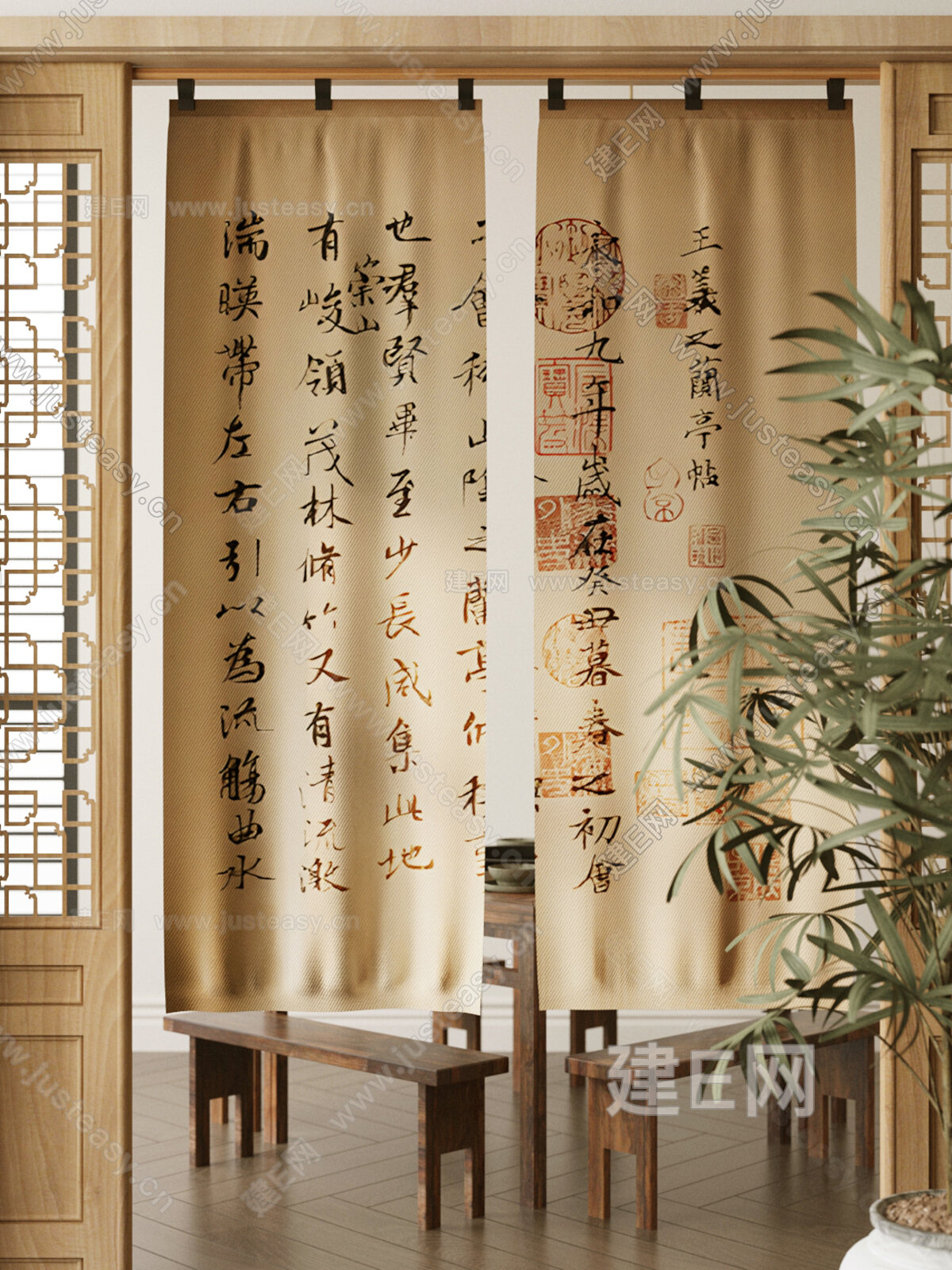 新中式门帘 茶室门帘 茶馆门帘 咖啡厅门帘 布帘 烧烤烤肉店门帘 餐厅门帘布帘 奶茶店门帘布帘模型SU模型下载[ID:103569453]_建 ...