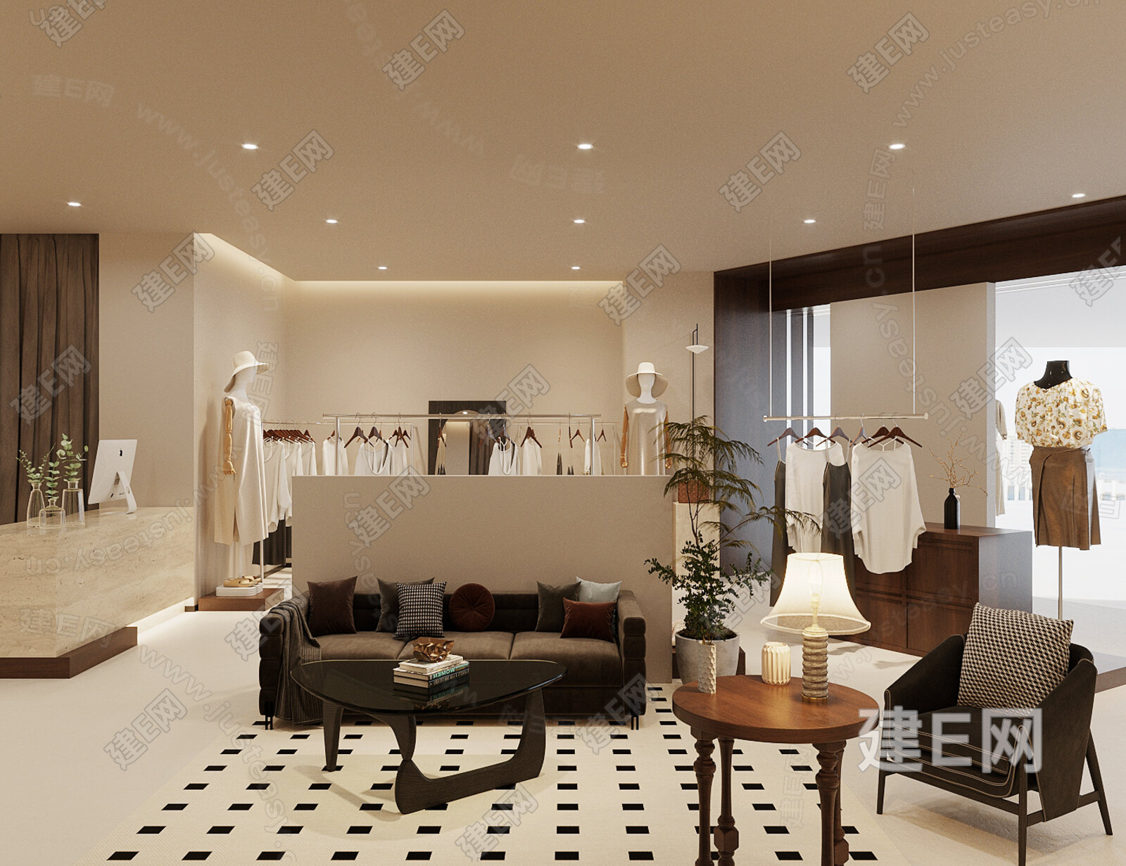 侘寂服装店 侘寂风女装店 中古风服装店 服装店休息等候区 沙发茶几 边几 服装模特假人 模型SU模型下载[ID:103372977]_建e网su模型