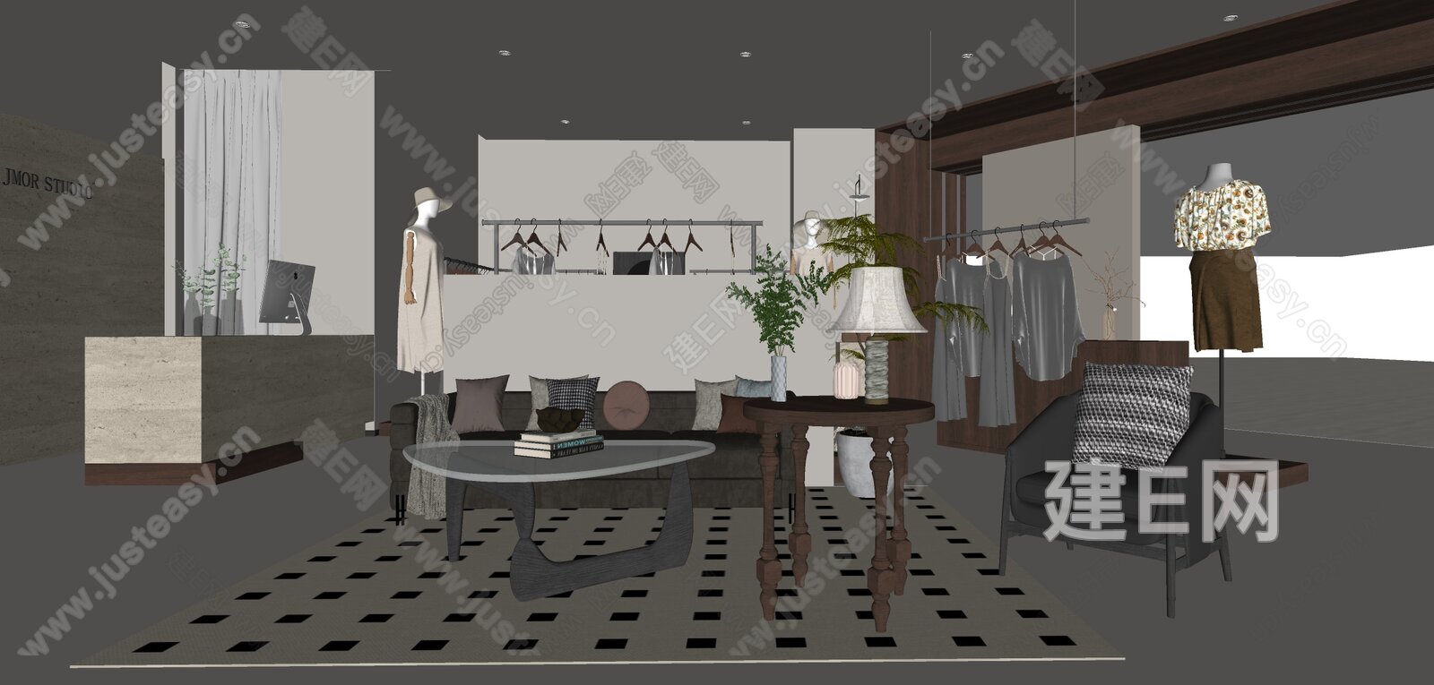 侘寂服装店 侘寂风女装店 中古风服装店 服装店休息等候区 沙发茶几 边几 服装模特假人 模型SU模型下载[ID:103372977]_建e网su模型