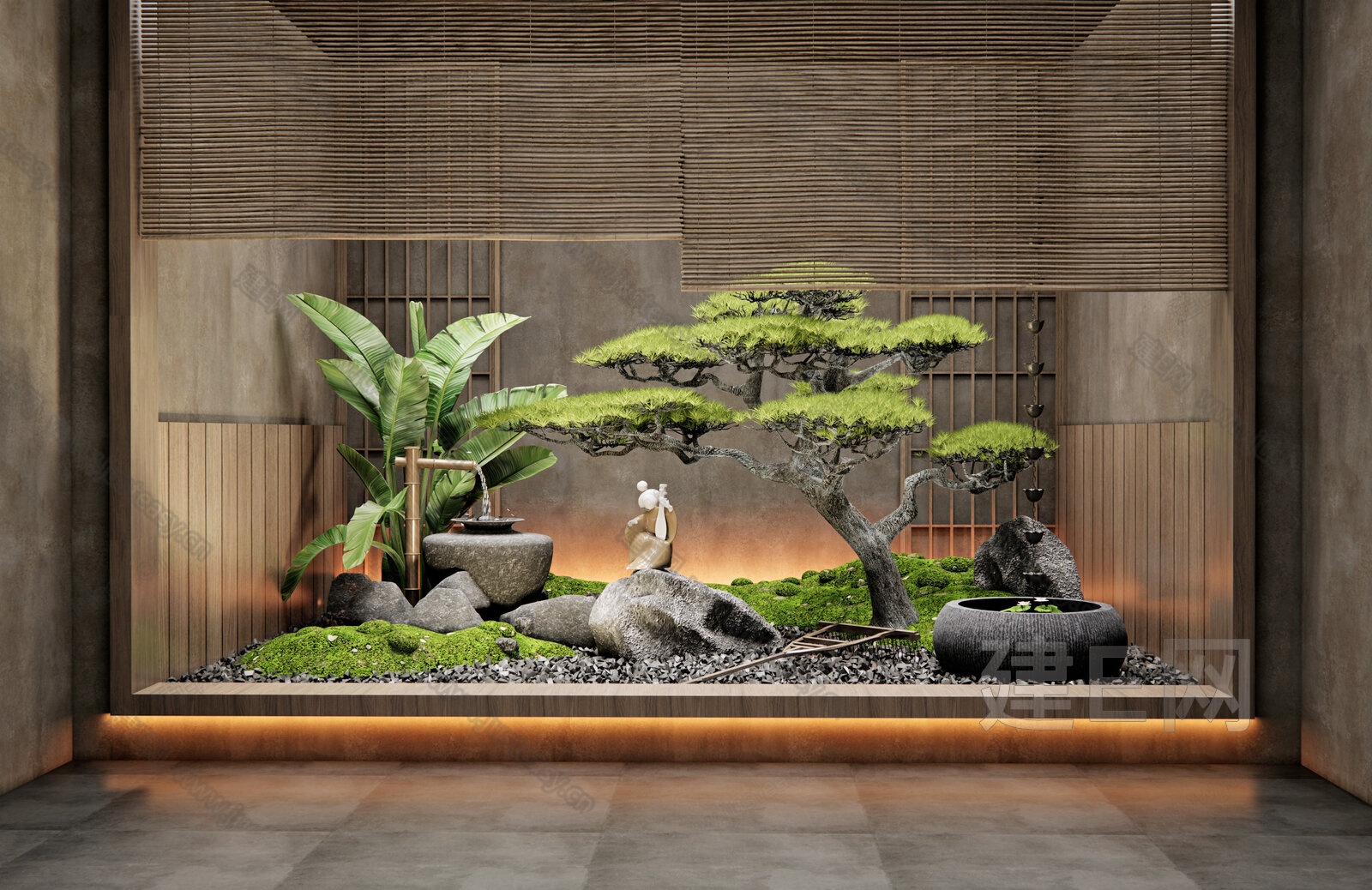 日式室内景观 水钵水景 苔藓景观 松树植物造景 庭院小品 雨链 景观石模型SU模型下载[ID:104749286]_建e网su模型