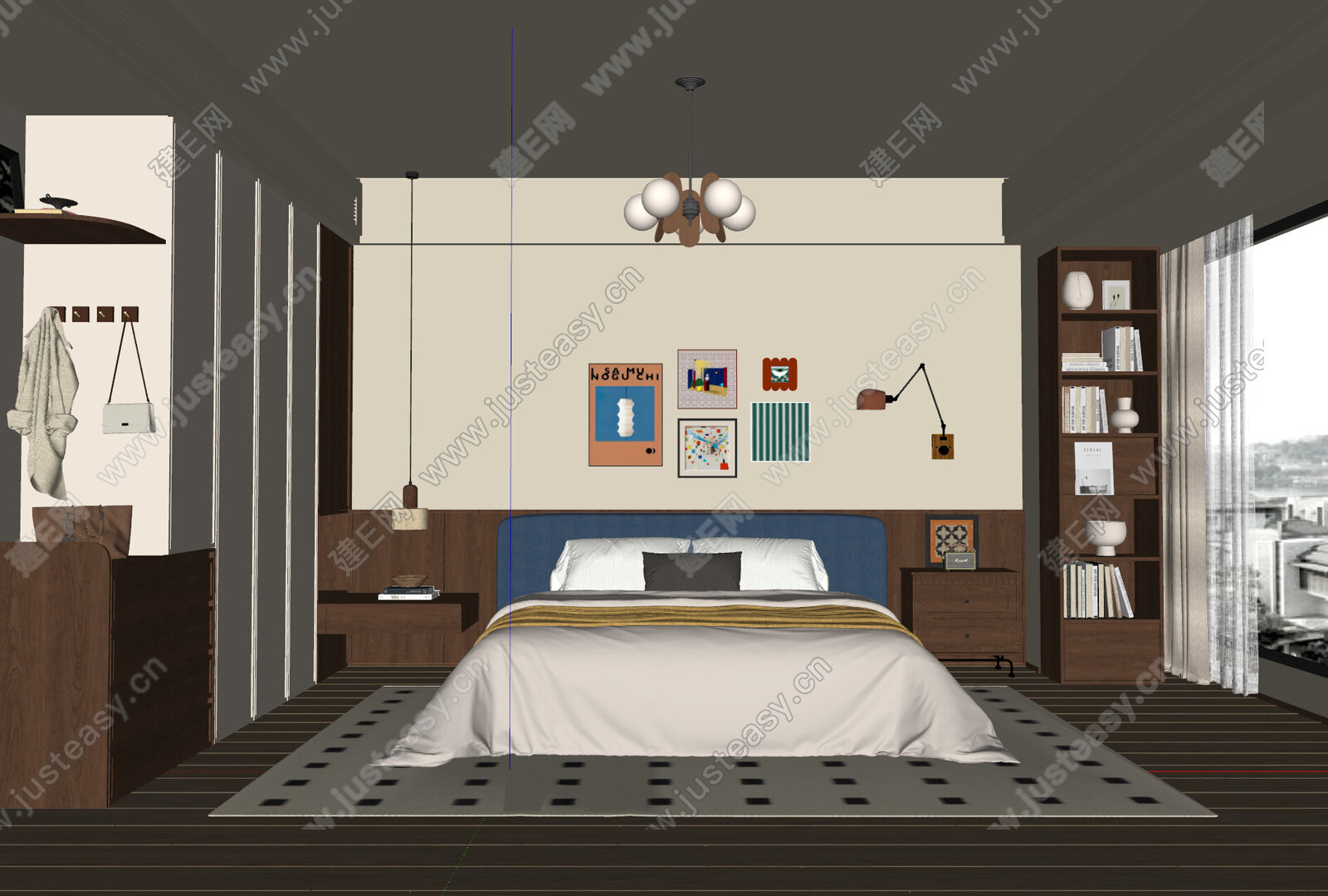 中古风卧室 包豪斯卧室 实木双人床 挂画 吊灯 衣柜SU模型下载[ID:114975727]，中古风卧室 包豪斯卧室 实木双人床 挂画 吊灯 ...