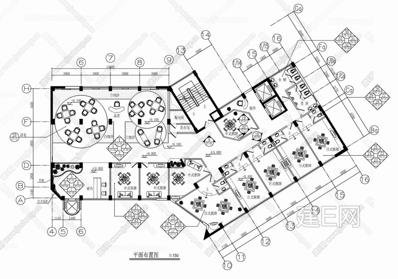 新中式茶楼棋牌室cad施工图施工图下载