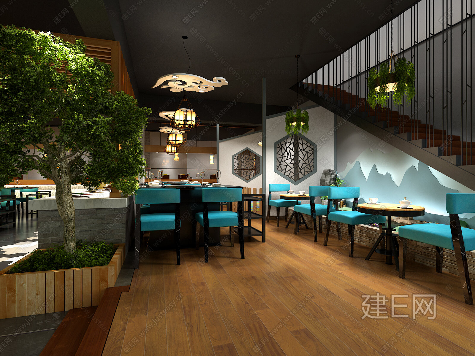 新中式火锅店装修施工图|CAD施工图+效果图CAD施工图下载[ID:116473880]_建e施工图
