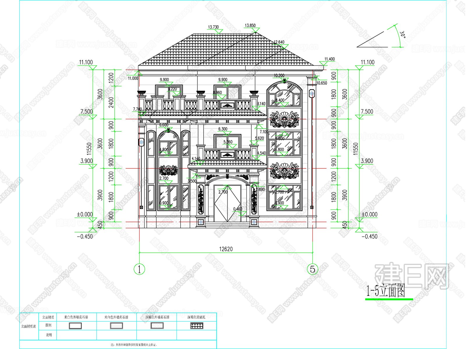 欧式三层独栋别墅建筑施工图 效果图CAD施工图下载[ID:108479254]_建e施工图