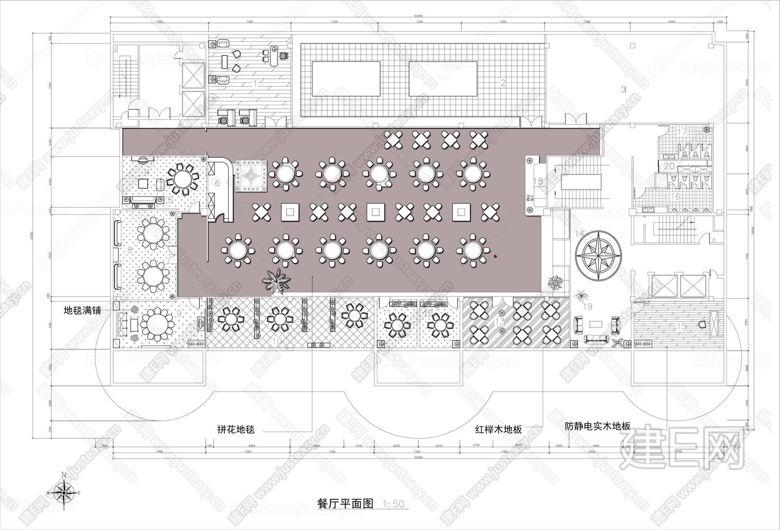 1000㎡酒楼餐厅平面布置图平面布局CAD施工图下载[ID:113263387]_建e施工图