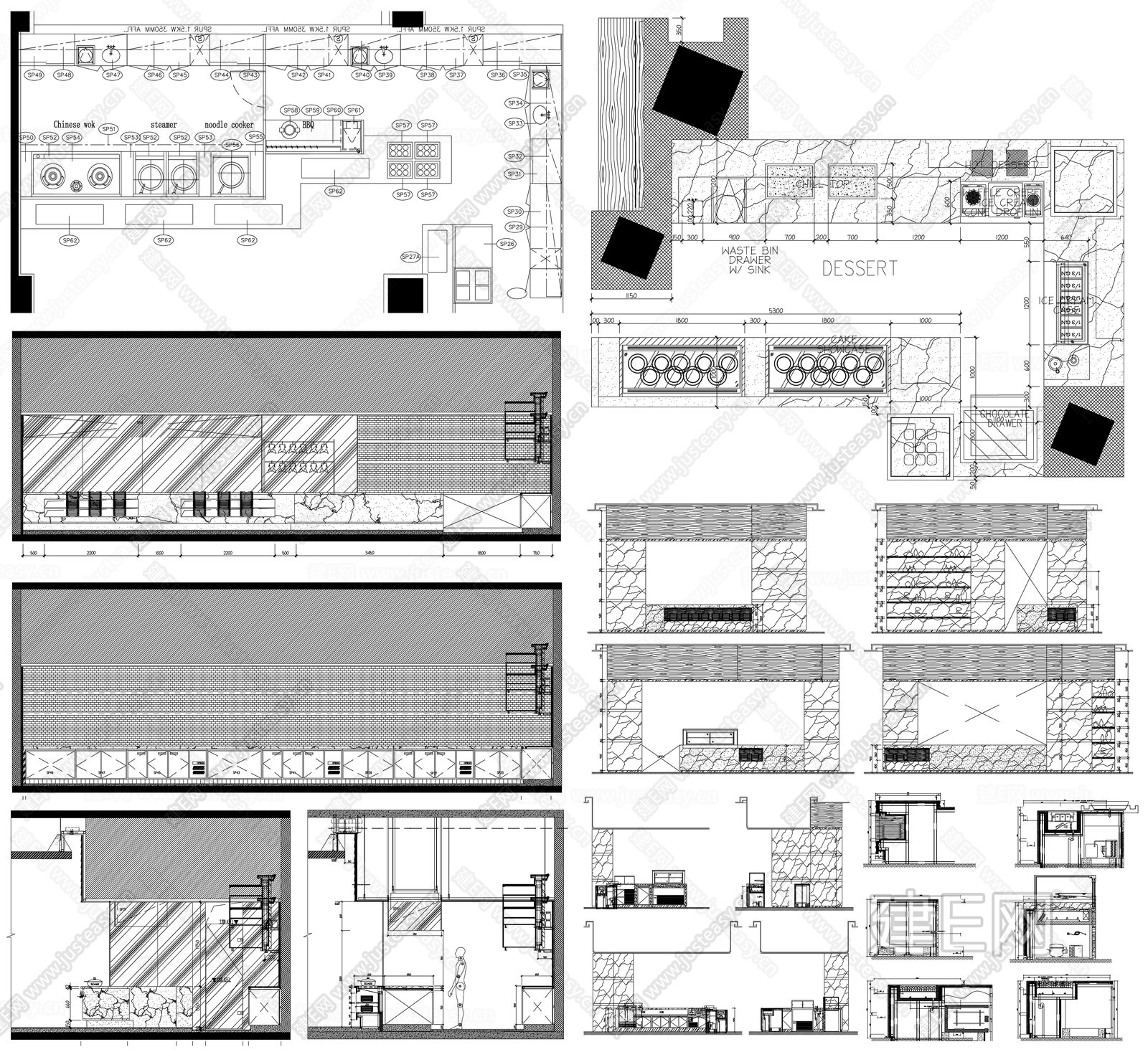 吧台水吧敞开开放式厨房展示厨区备餐柜大样节点剖面CAD素材施工图下载_施工图吧台水吧敞开开放式厨房展示厨区备餐柜大样节点剖面CAD素材下载 ...