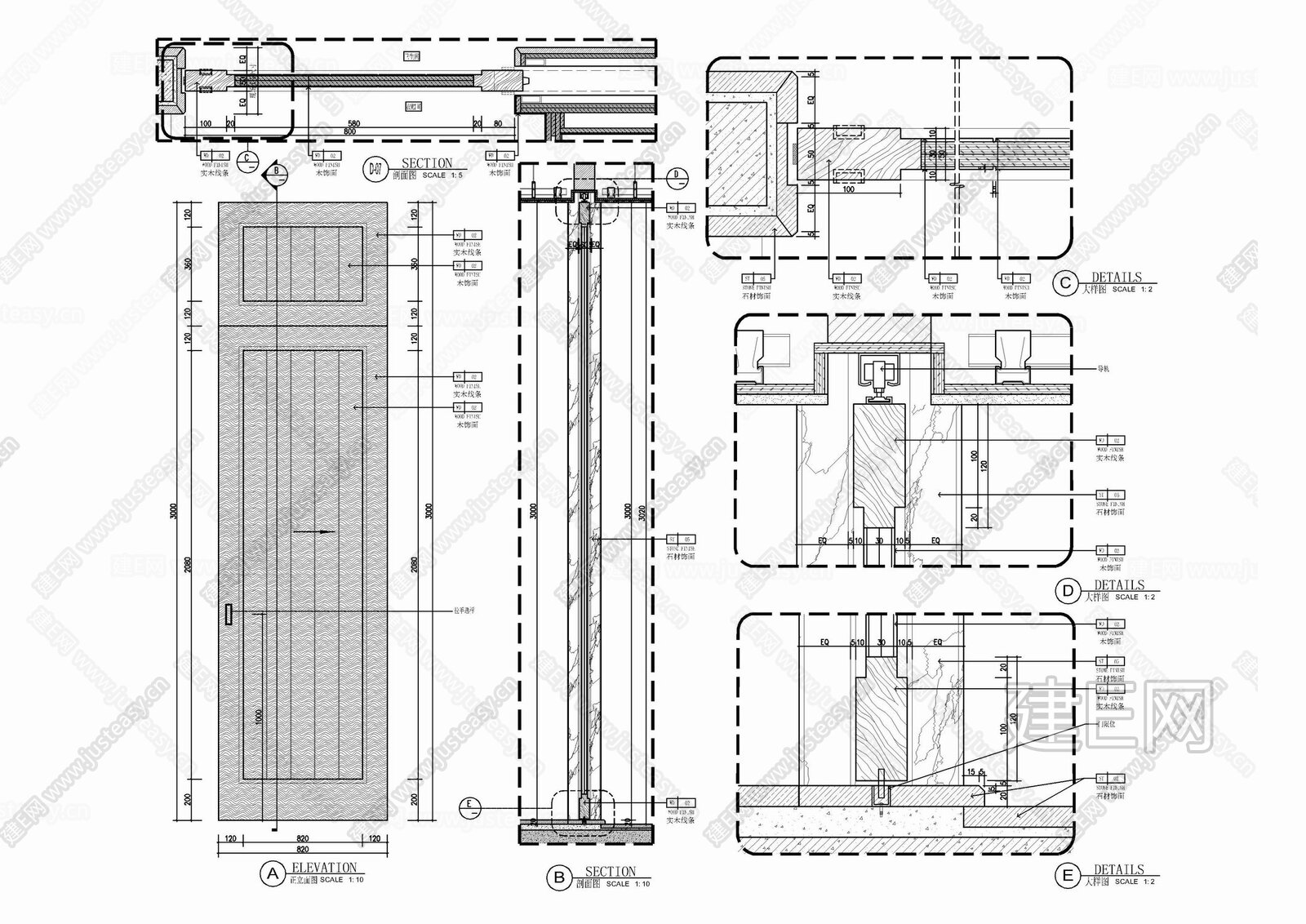 隐藏式入墙式木饰面滑门施工大样详图 移门 推拉门 隐藏式滑门 入墙式滑门 滑轨CAD施工图下载[ID:116474803]_建e施工图