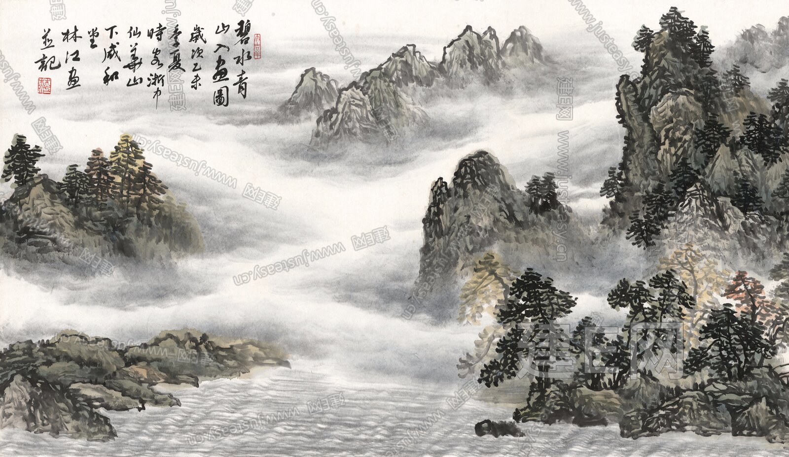 新中式水黑山水花鸟背景墙3d贴图下载[ID:115949802]_建e贴图