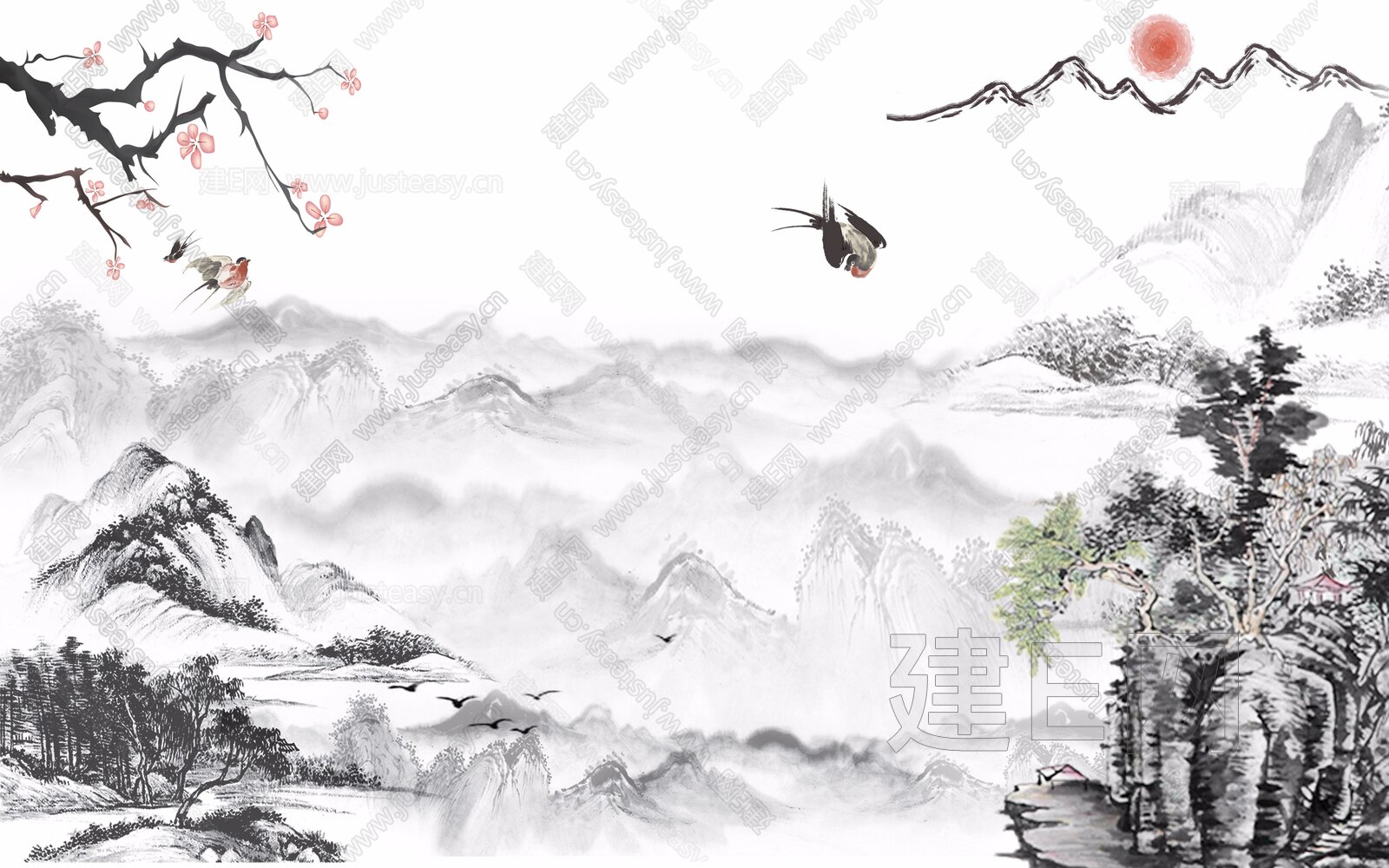 新中式水黑山水花鸟背景墙3d贴图下载[ID:115949786]_建e贴图