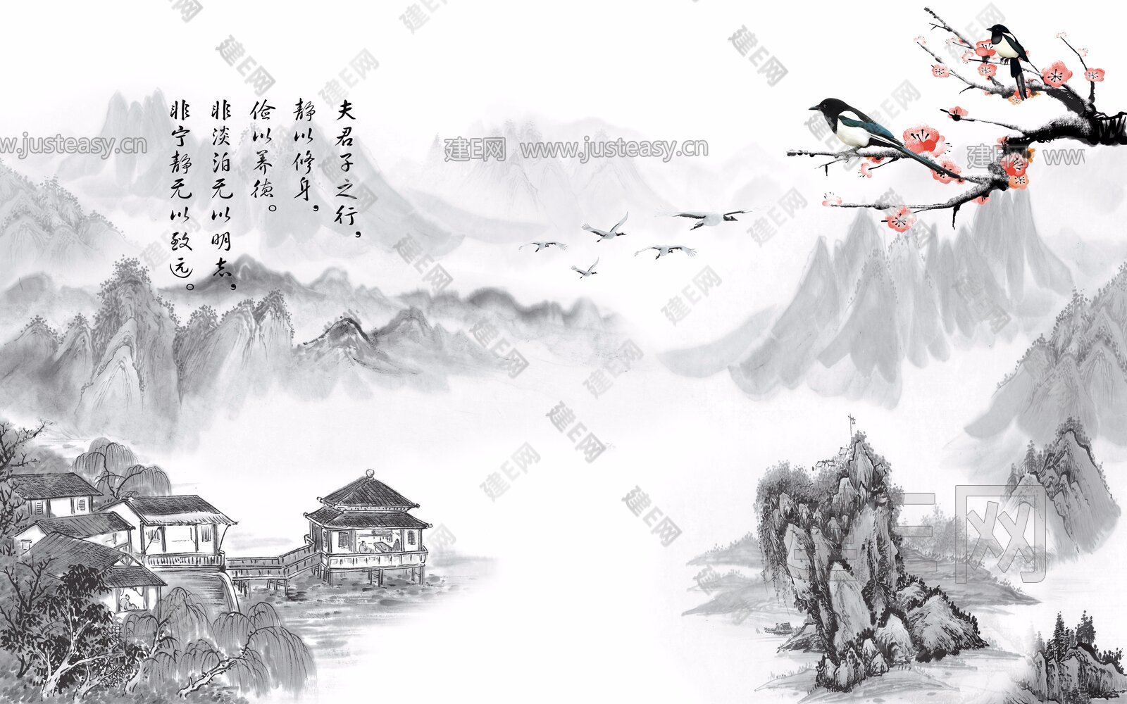 新中式水黑山水花鸟背景墙3d贴图下载[ID:115949674]_建e贴图