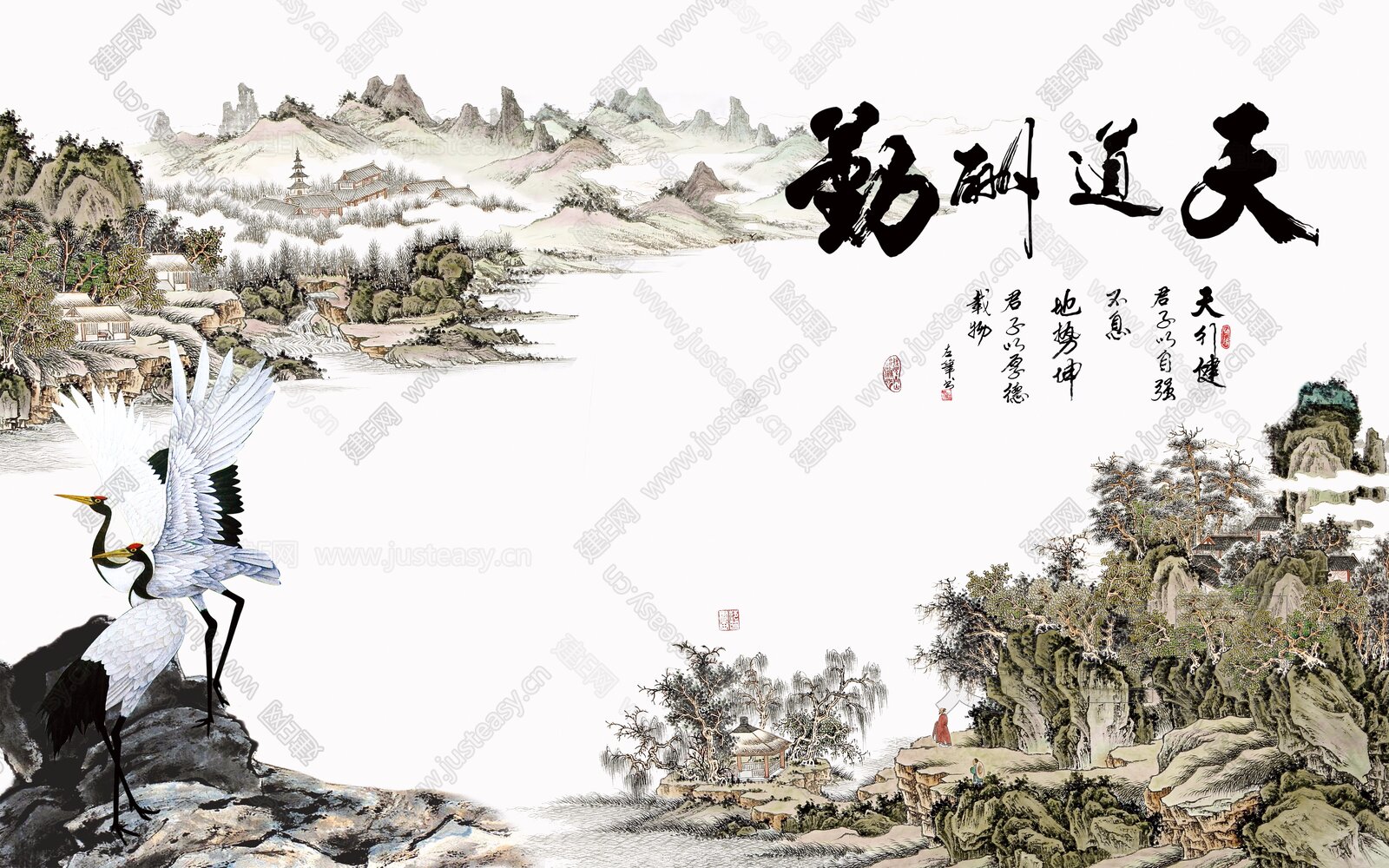 新中式水黑山水花鸟背景墙3d贴图下载[ID:115949658]_建e贴图