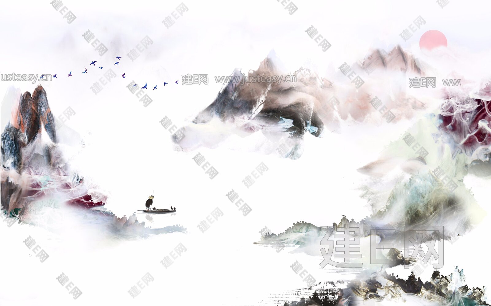 新中式水黑山水花鸟背景墙3d贴图下载[ID:115949773]_建e贴图