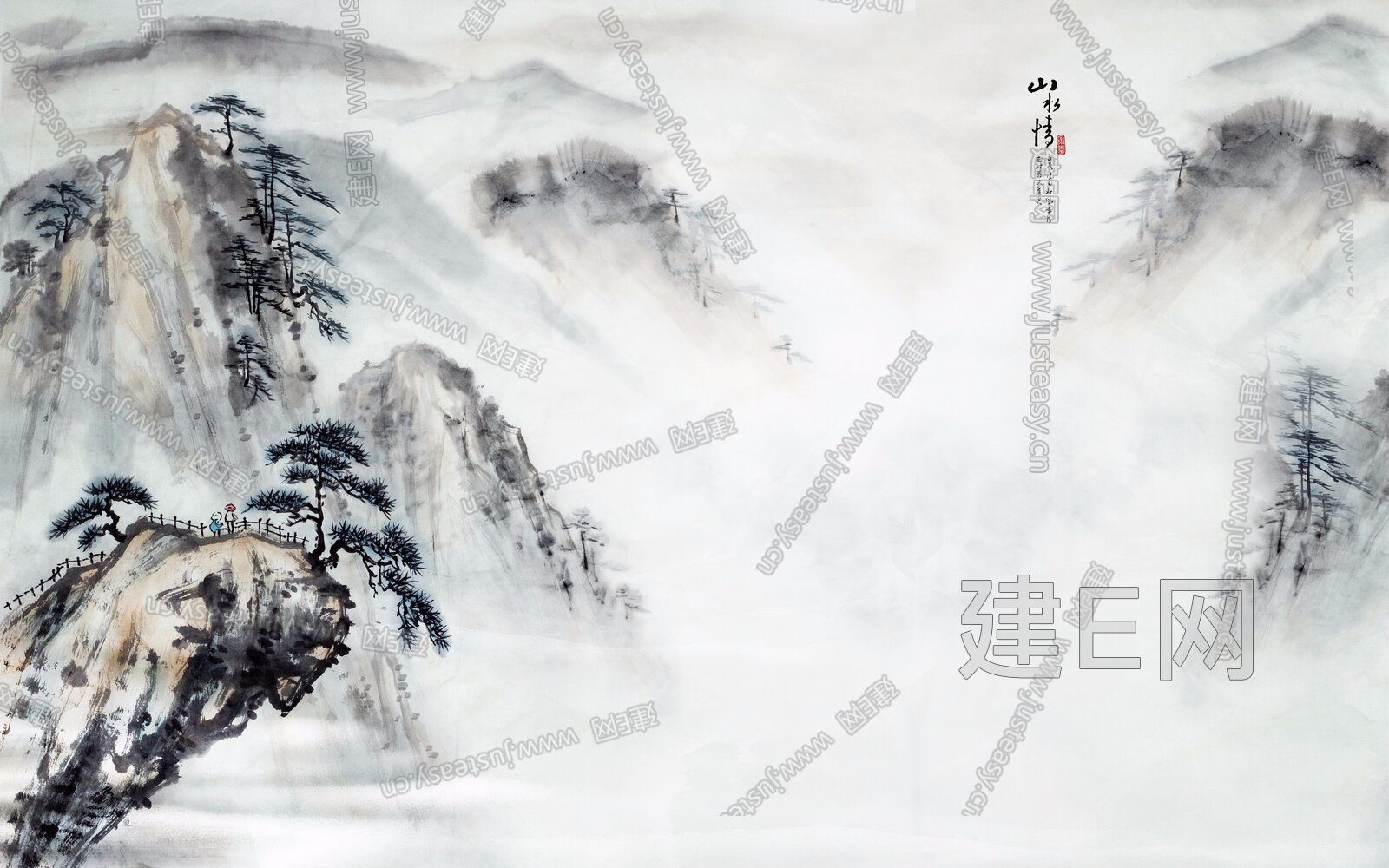 新中式黑白山水花鸟背景墙3d贴图下载[ID:115949628]_建E室内设计网