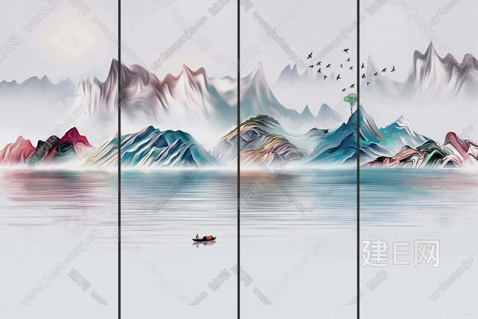 新中式山水壁画装饰画背景墙3d贴图下载[ID:116605485]_建e贴图