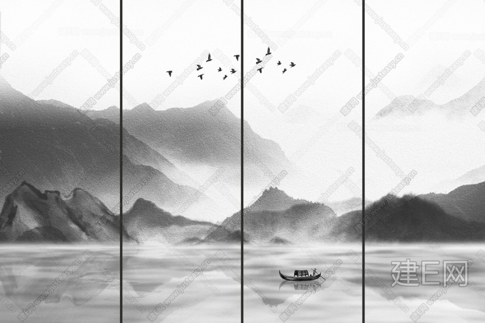 新中式山水壁画装饰画背景墙3d贴图下载[ID:116605469]_建e贴图