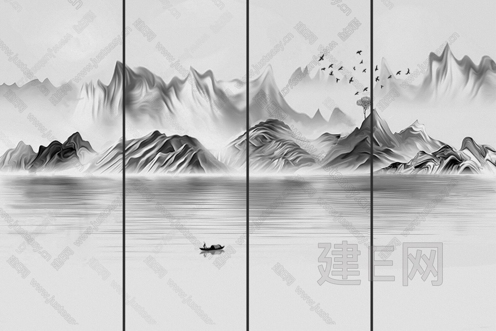 新中式山水壁画装饰画背景墙3d贴图下载[ID:116605453]_建e贴图