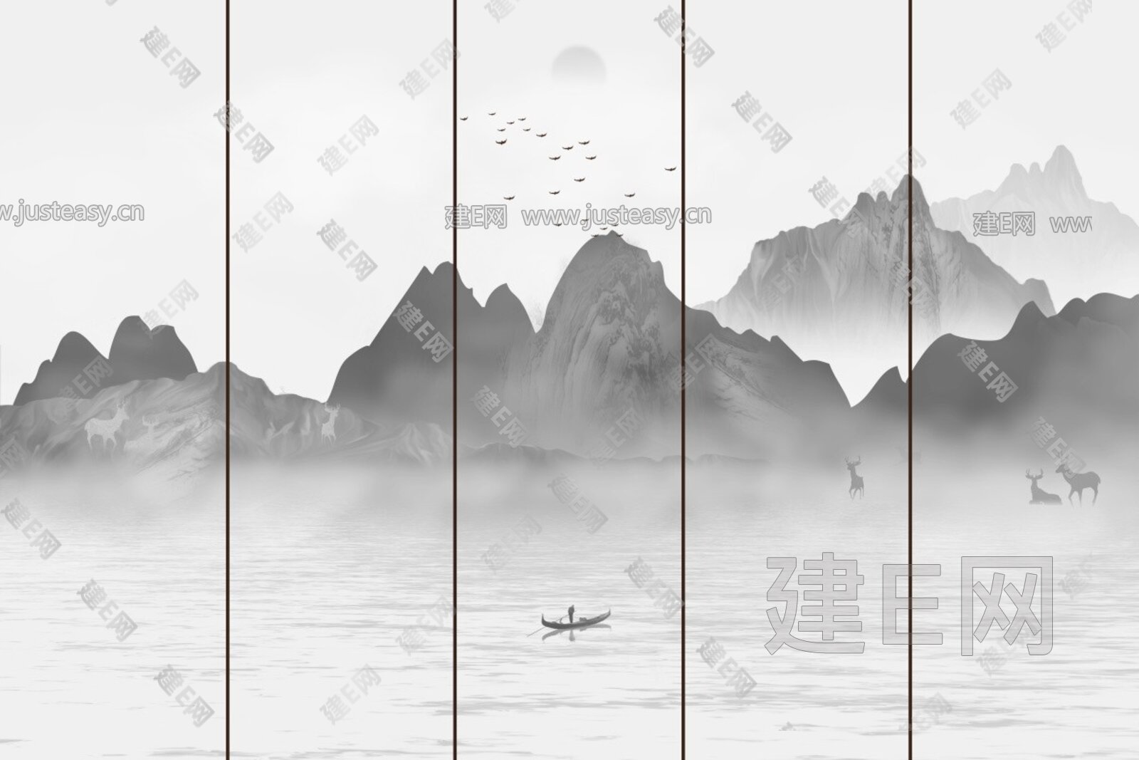 新中式山水壁画装饰画背景墙3d贴图下载[ID:116605565]_建e贴图