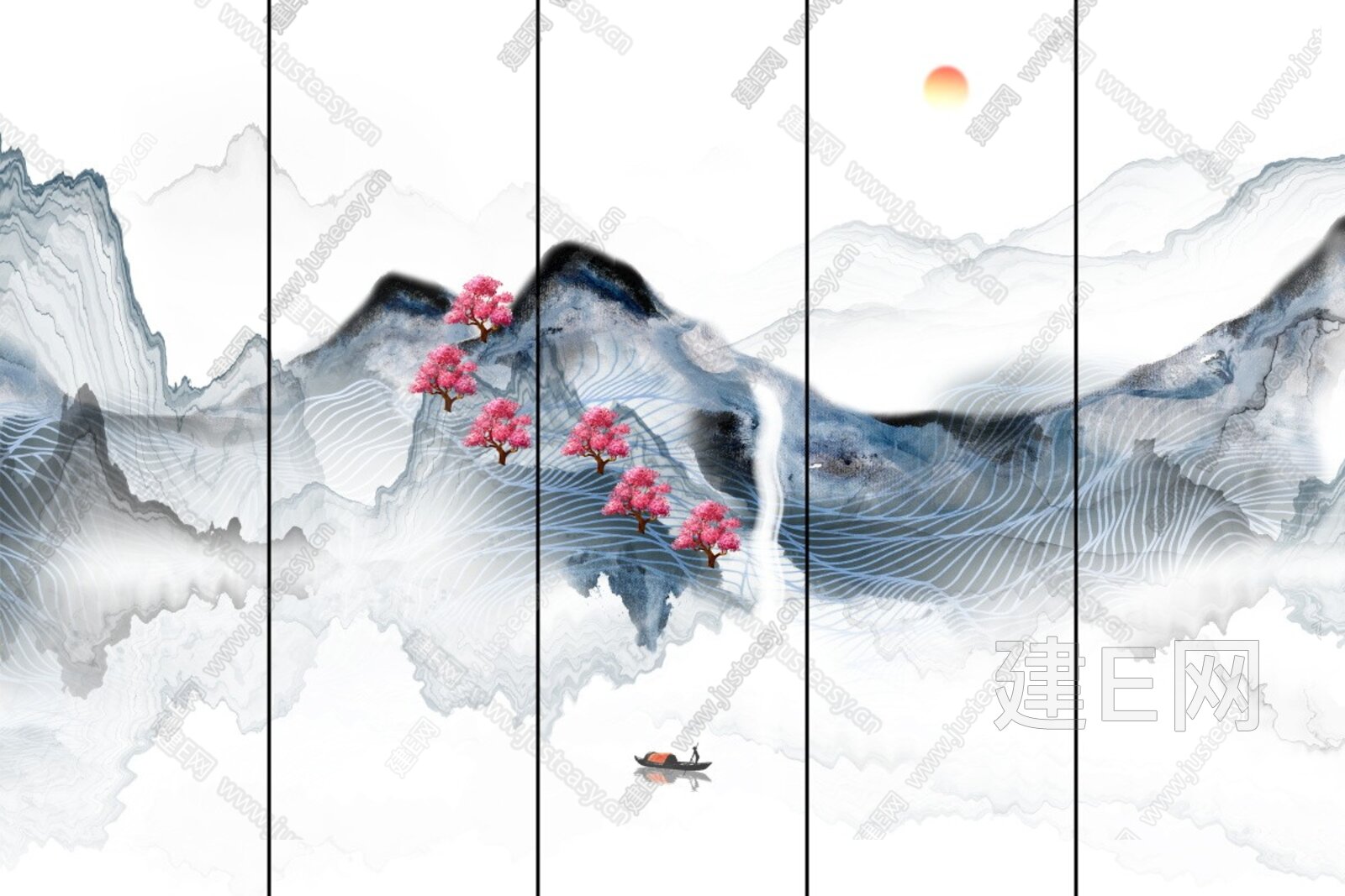新中式山水壁画装饰画背景墙3d贴图下载[ID:116605549]_建E室内设计网