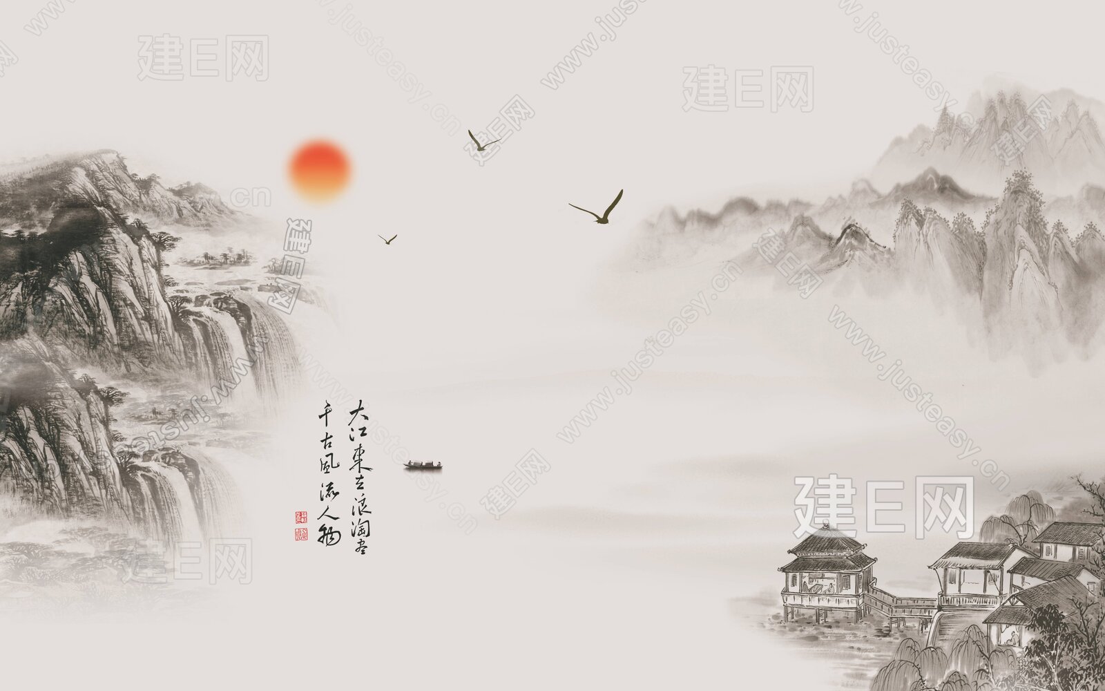 新中式山水装饰画3d贴图下载[ID:112804487]_建e贴图
