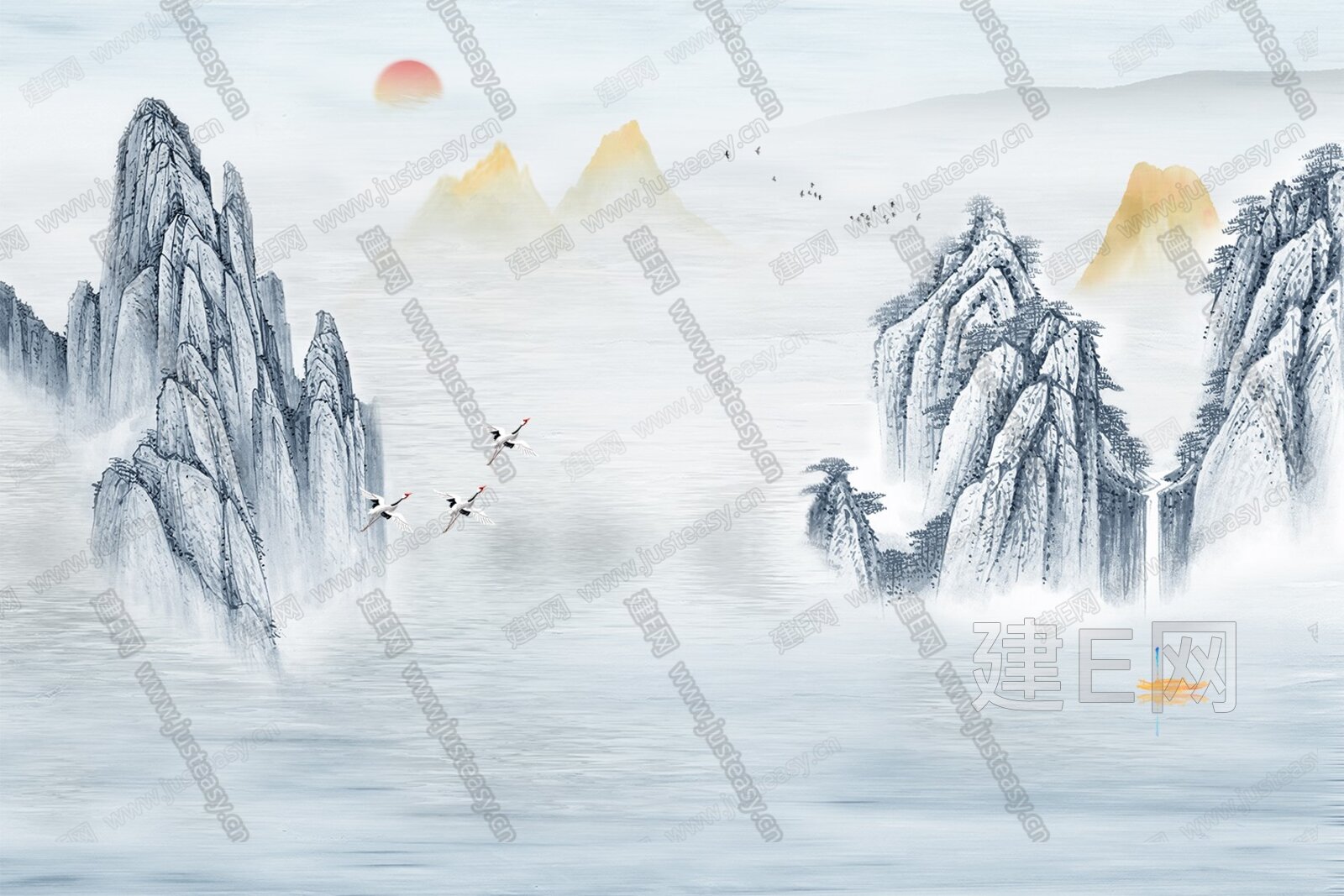 新中式山水轻奢背景墙3d贴图下载[ID:106054893]_建e贴图