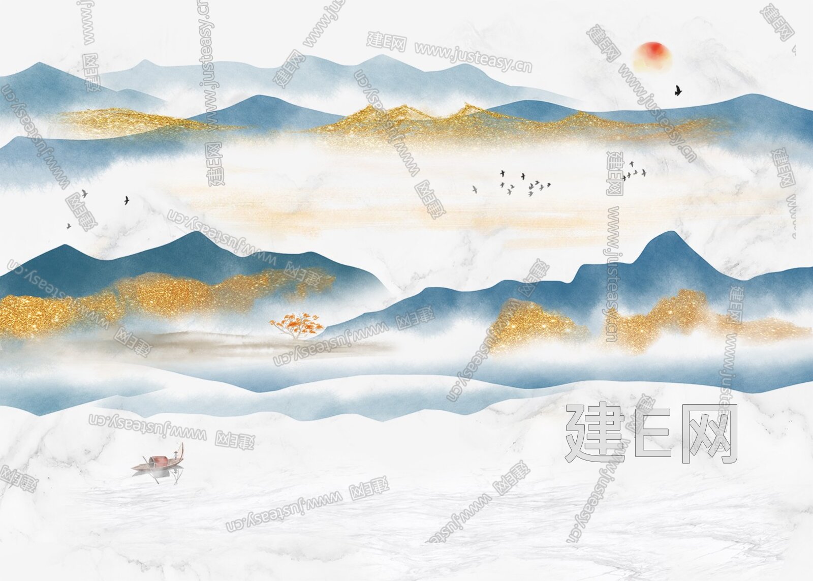 新中式山水轻奢背景墙3d贴图下载[ID:106054861]_建e贴图