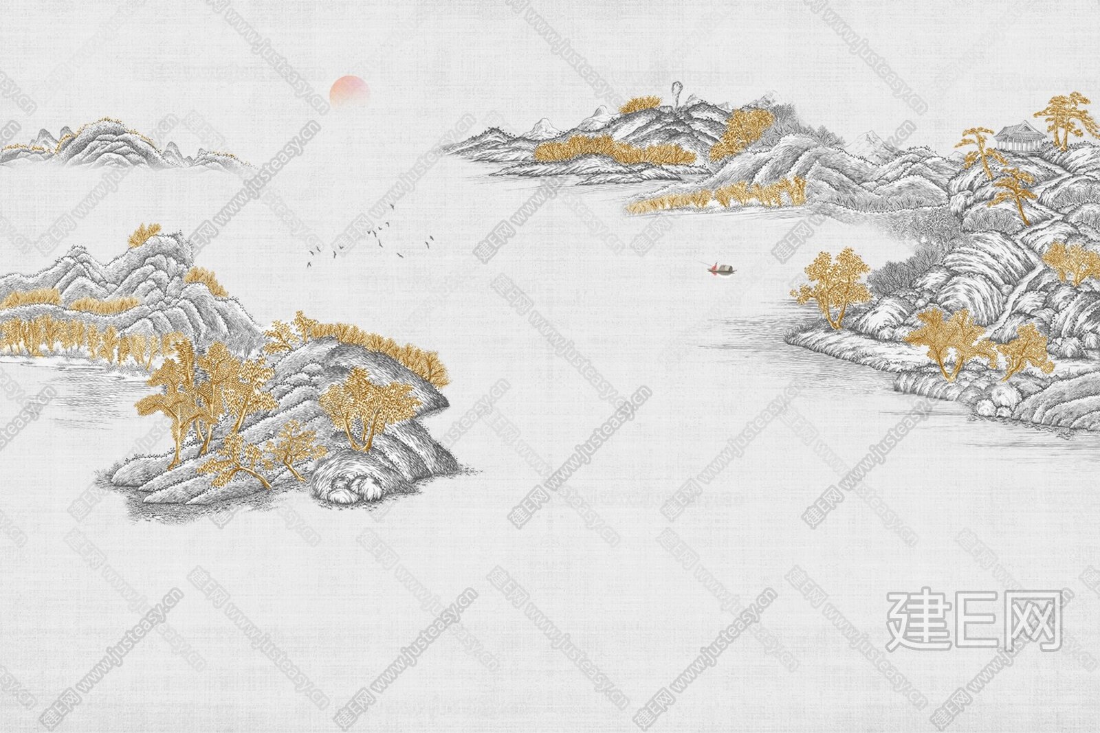 新中式抽象金色线条山水轻奢背景墙3d贴图下载[ID:106054717]_建e贴图