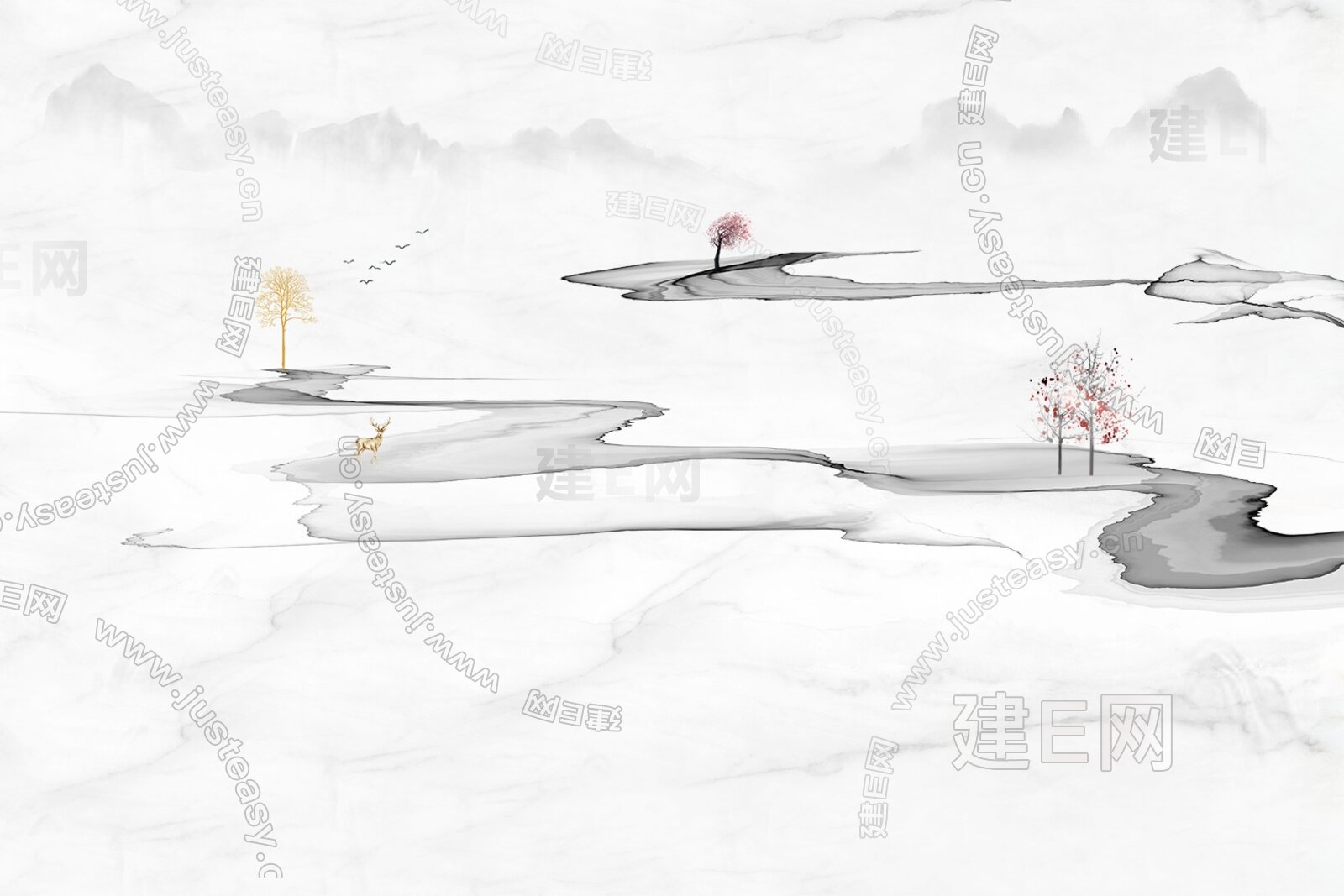 新中式抽象水墨山水轻奢背景墙3d贴图下载[ID:106054781]_建e贴图