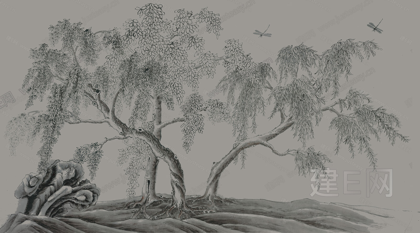 墙酷 新中式树木植物灰色复古壁画贴图