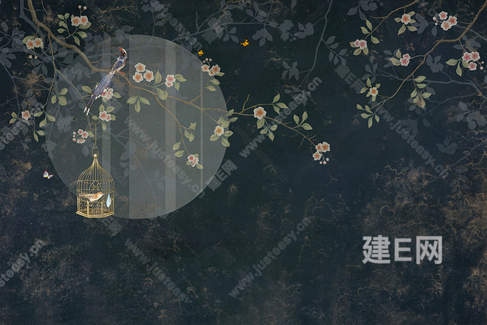 墙酷 新中式花鸟月亮植物背景壁画贴图