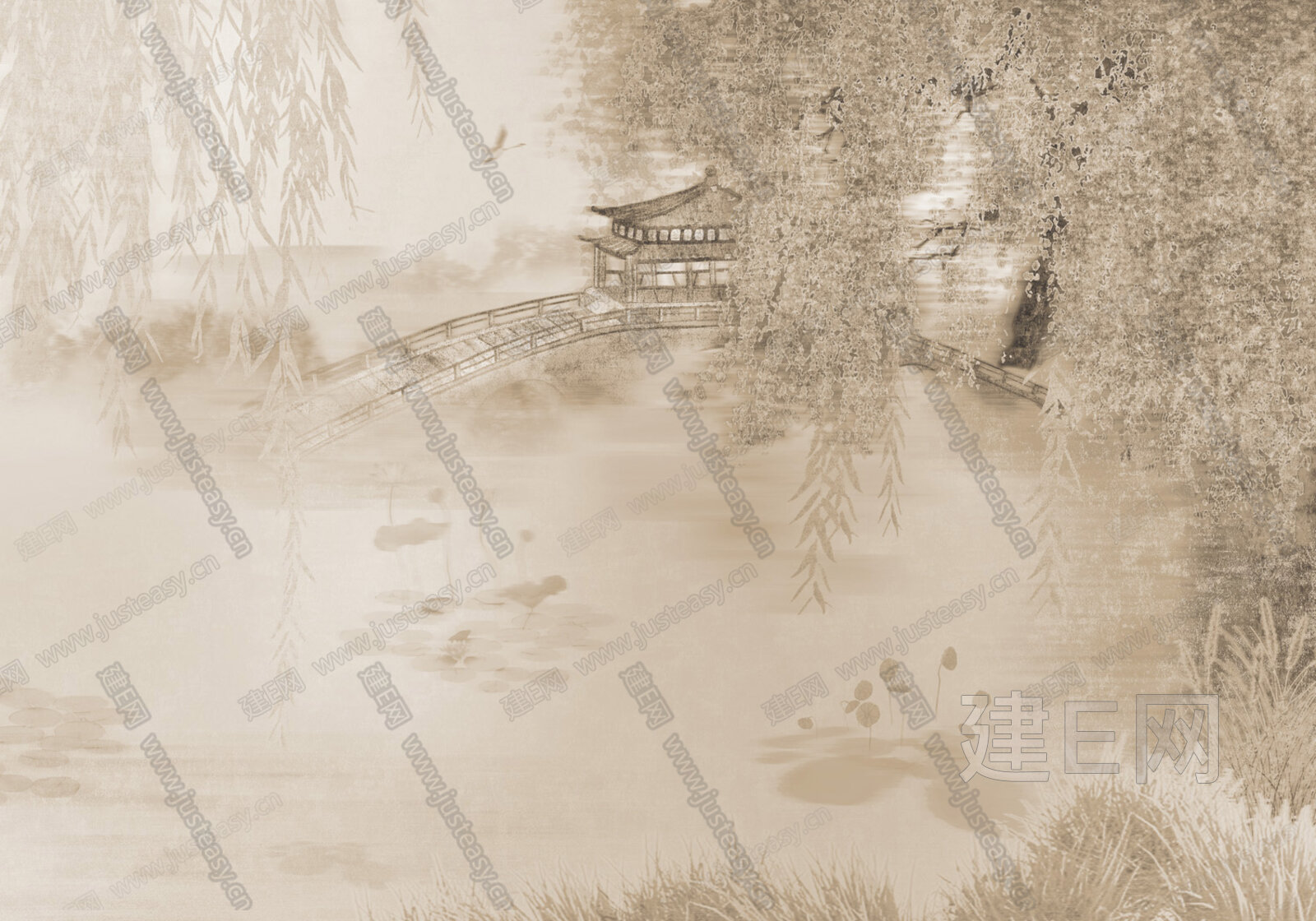 墙酷 新中式亭子小桥荷花植物风景壁纸壁画3d贴图下载[ID:116934241]_建e贴图