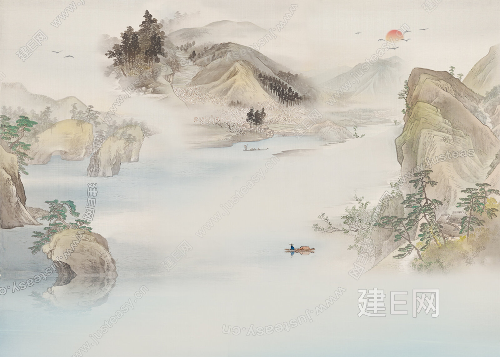 新中式抽象禅意山水意境装饰画背景墙3d贴图下载[ID:116279598]_建e贴图