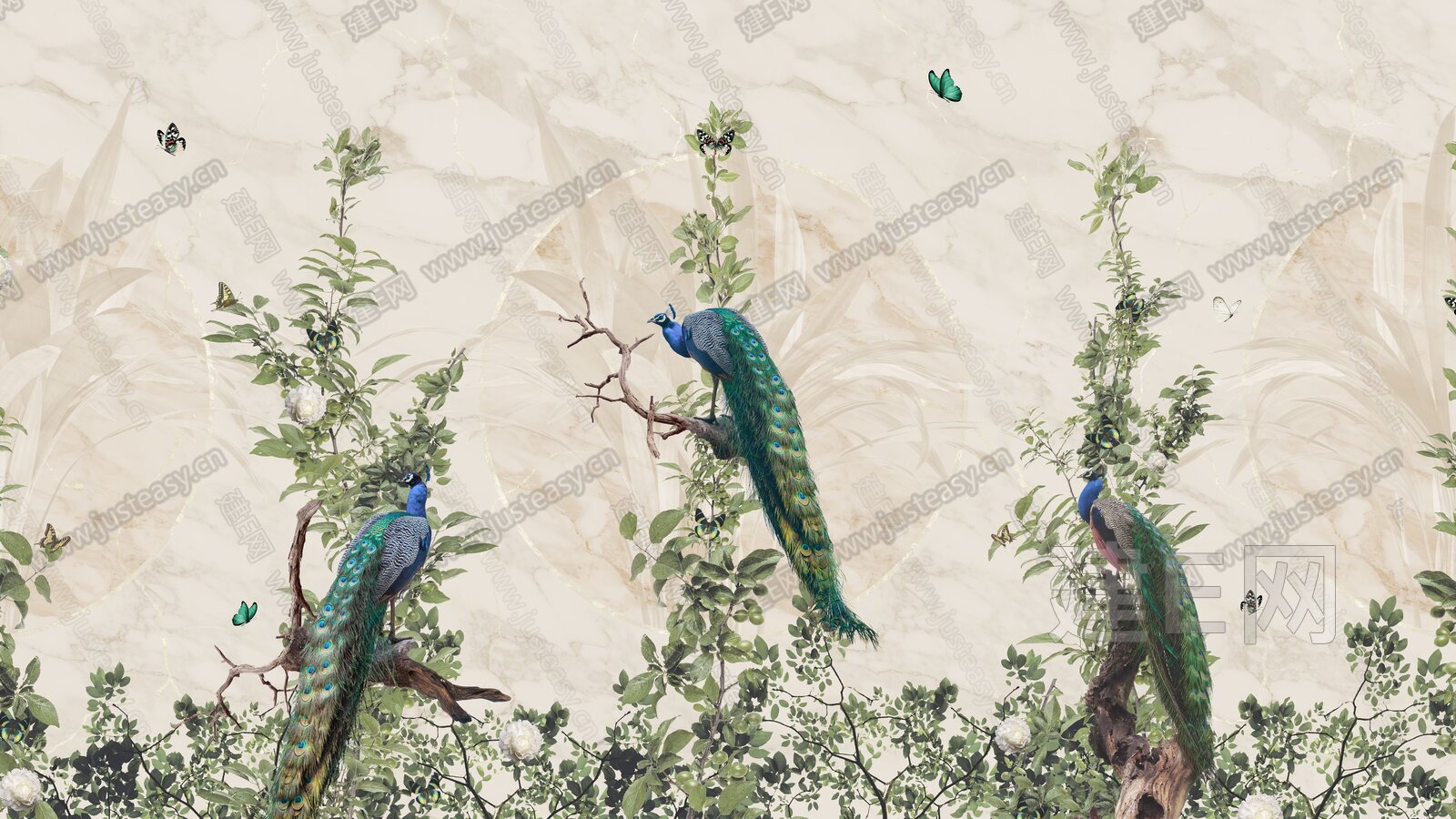 墙酷 现代轻奢动植物孔雀商装餐厅背景壁纸壁画3d贴图_墙酷 现代轻奢