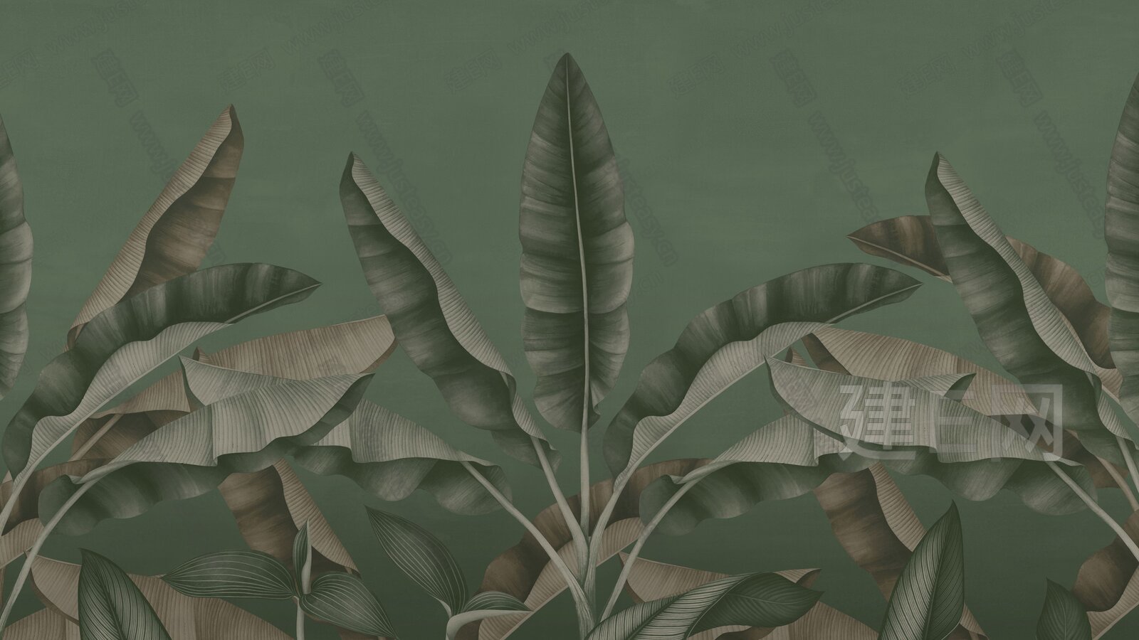 墙酷 现代复古墨绿色植物叶子背景墙壁纸壁画3d贴图_墙酷 现代复古墨