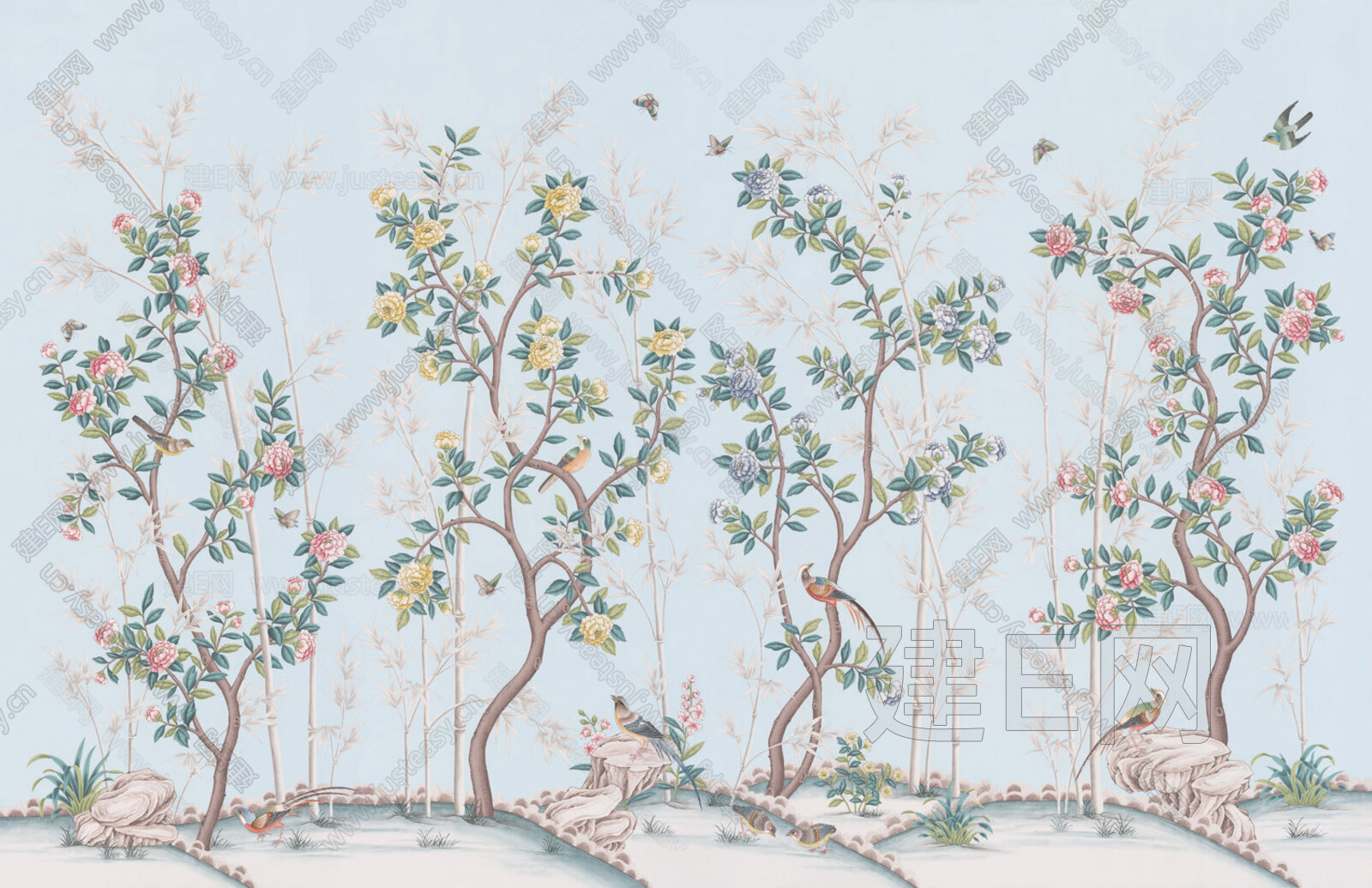 中式花鸟月季竹子手绘壁纸墙画背景墙电视背景床头背景卧室酒店3d贴图