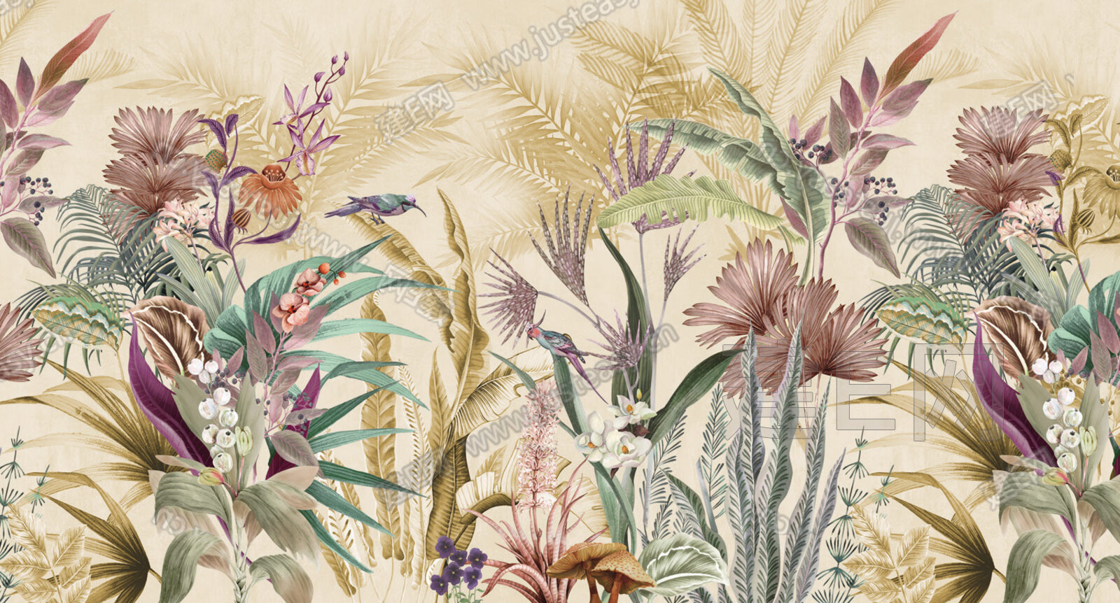 甲壳虫中代手绘花卉鸟壁纸墙画背景墙电视背景床头背景卧室酒店3d贴图