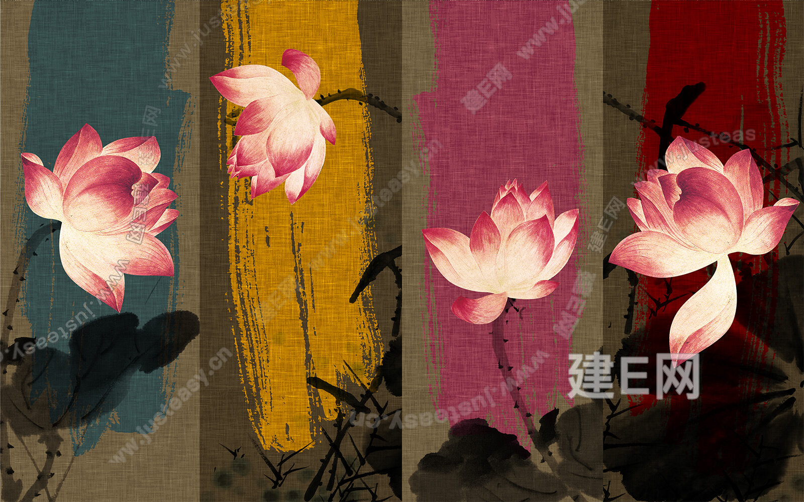 新中式水墨荷花背景壁纸壁画3d贴图下载[ID:111430245]_建E室内设计网