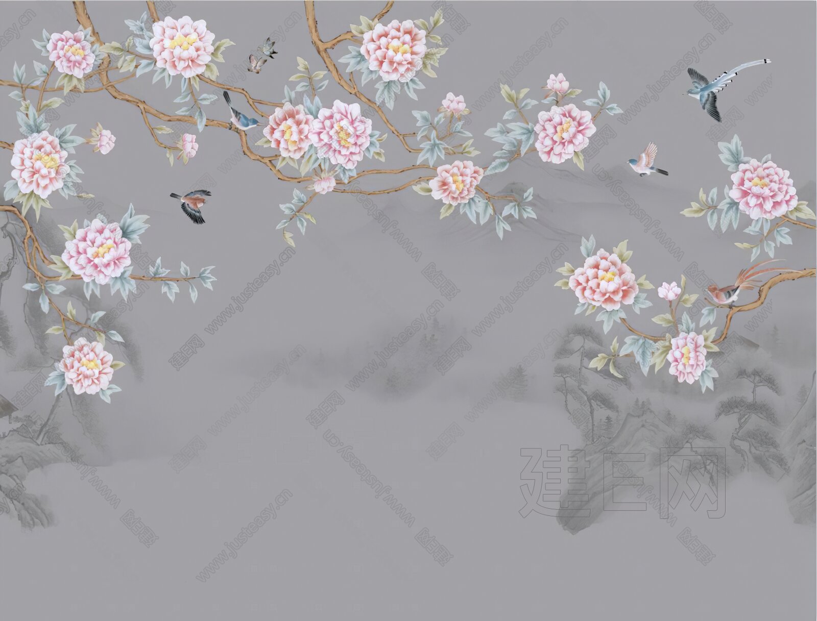 中式花鸟壁纸3d贴图下载[ID:112020206]_建E室内设计网