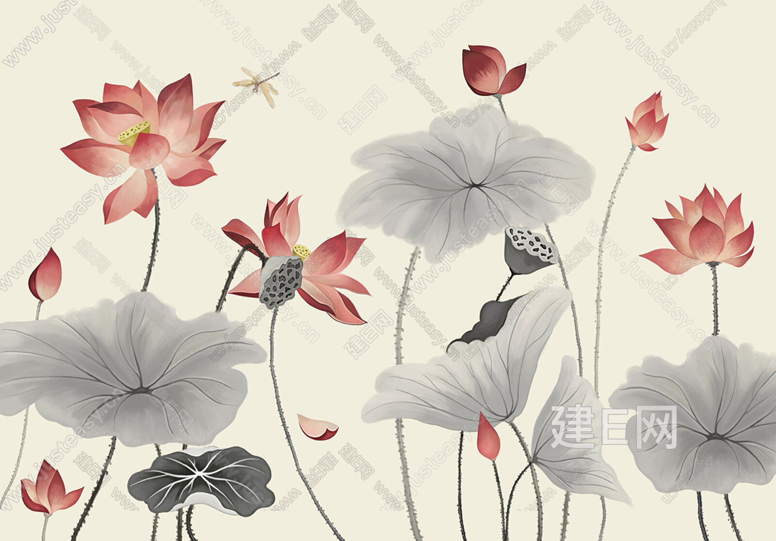 新中式荷花背景壁纸壁画3d贴图下载[ID:107040216]_建e贴图