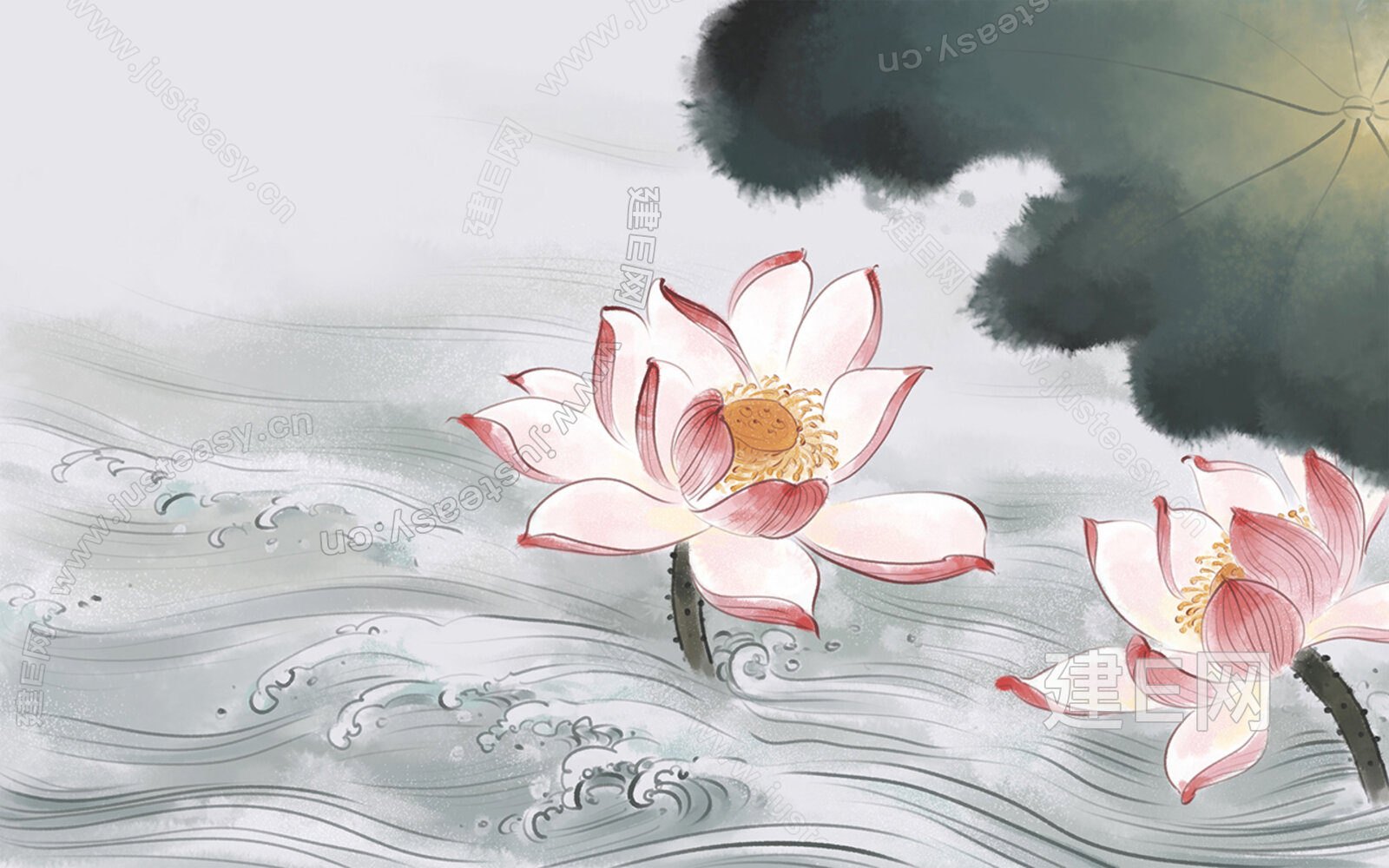 新中式荷花背景壁纸壁画3d贴图下载[ID:107630029]_建e贴图